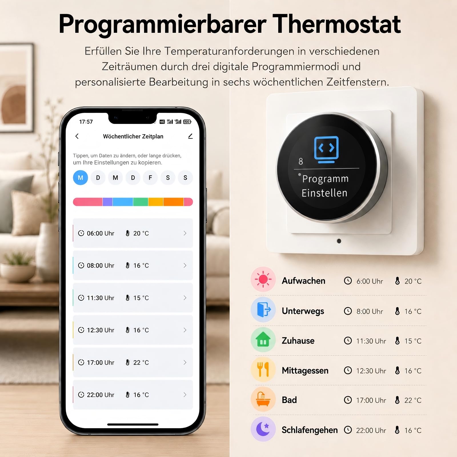 Raumthermostat Elektrische Fußbodenheizung Drehregler mit externer Sensor | Programmierbar Digital Thermostat Fussbodenheizung Unterputz WLAN Smart,für Alexa Google Home Assistant Tuya Smart Life,16A