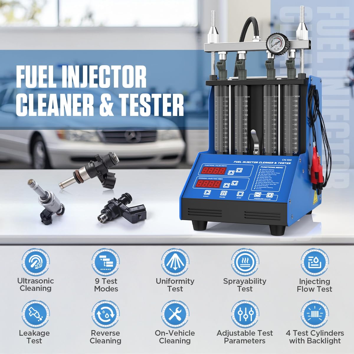 Fuel Injector Cleaner Tester Kit Ultrasonic Injector Cleaner Machine 9 Test Modes Fuel Injector Tester Cleaner 4 Cylinder Fuel System Injection Cleaning Tool Kit for 5V & 12V Motorcycle Car Injectors