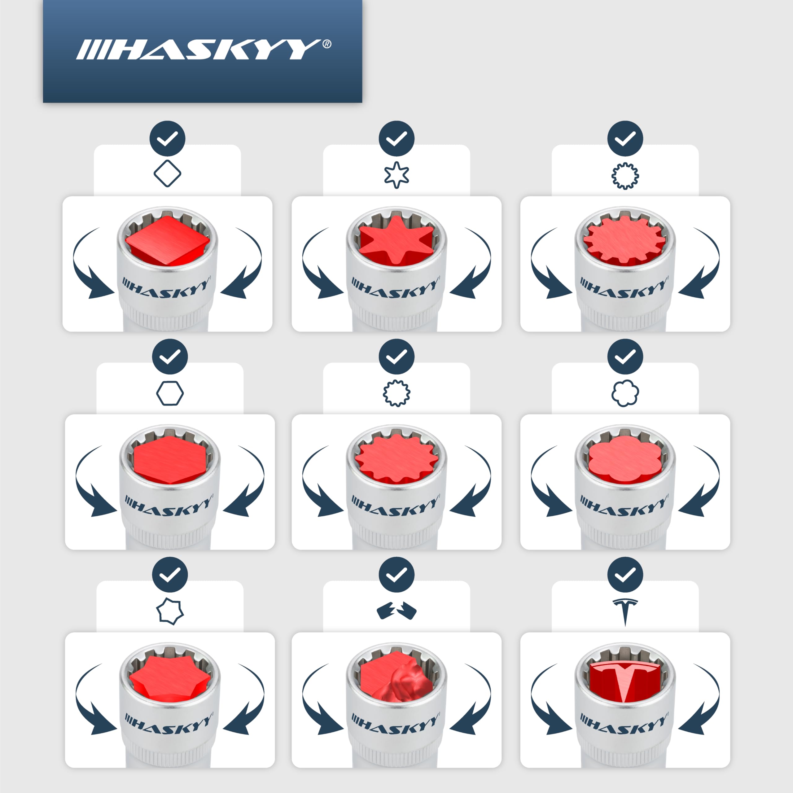 HASKYY Jeu de clés à douille à denture multiple Douilles 1/2" XZN Écrou 21 pcs. Jeu d'outils 8-36mm Denture multiple extérieure 12 pans - 6 pans