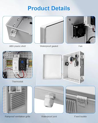 Outdoor Electrical Box with Thermostat Fan, 15.7x11.8x6.2 ABS Enclosure