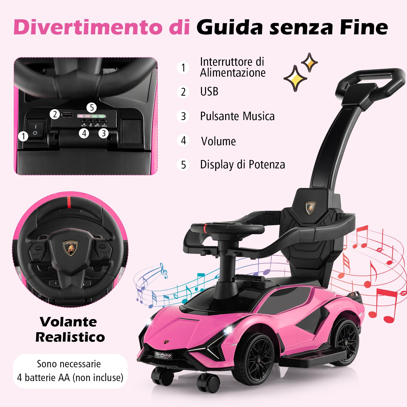 COSTWAY 3 in 1 Auto da Spinta, Auto Scorrevole con Paracolpi e Manubrio Rimovibili Musica e Fari, Spazio di Stoccaggio Nascosto e Ruote Universali Staccabili, Bambini 18-24 Mesi (Rosa)