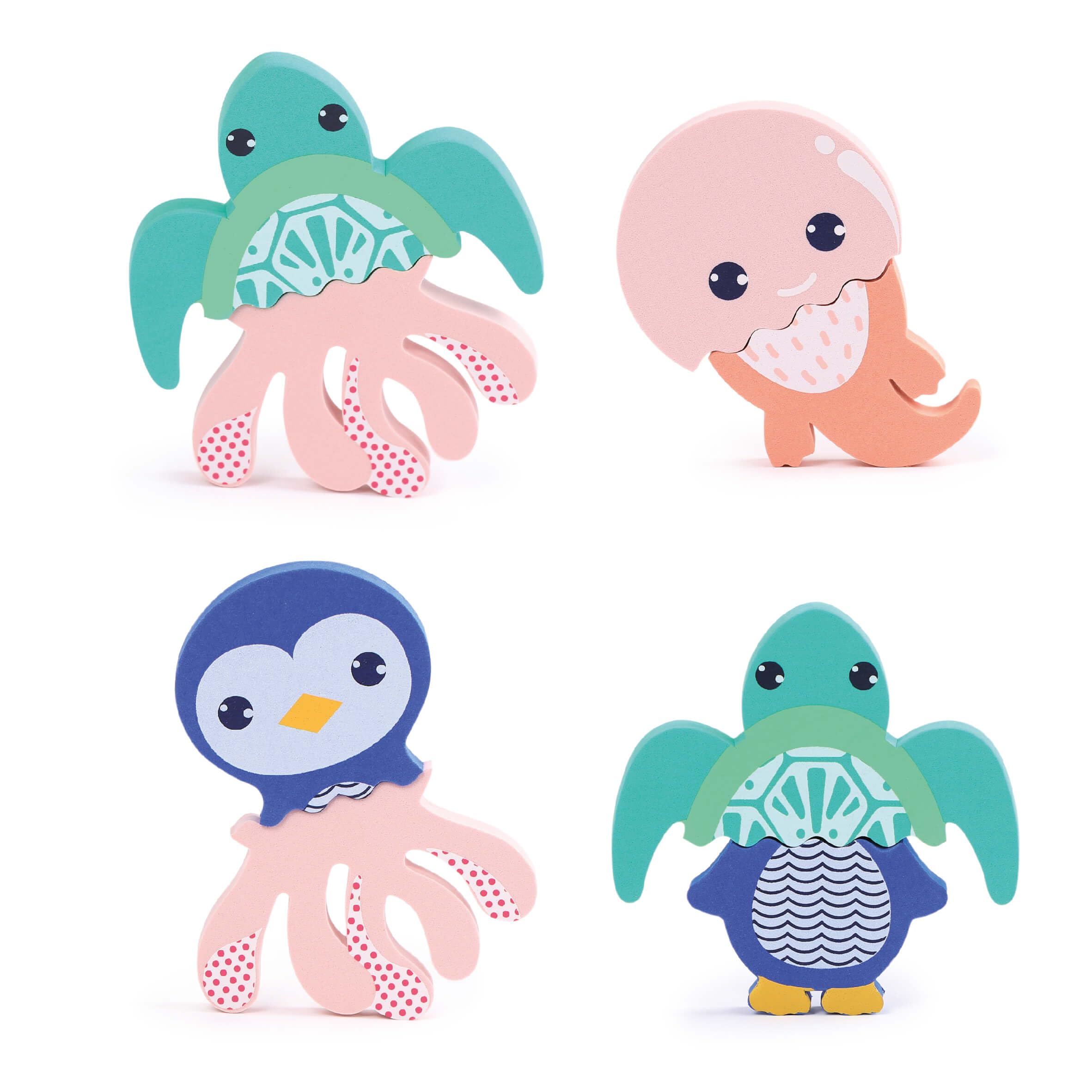 LUDI - Mix & Match - Jouet De Bain - 4 Animaux en Mousse À Assembler - Pièces Interchangeables - Flottantes - Dès 10 Mois - pour Jouer dans Le Bain - 1 Tortue, 1 Pieuvre, 1 Loutre, 1 Pingouin