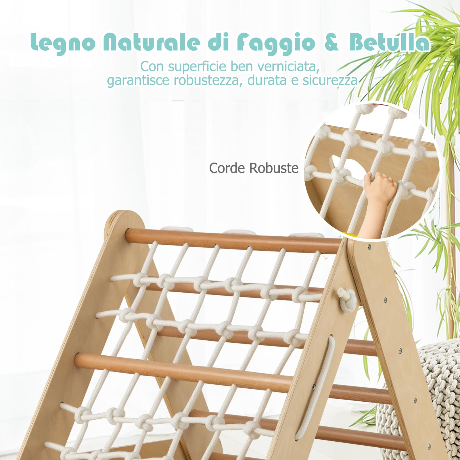 GYMAX 3 in 1 Scala di Arrampicata per Bambini, con Rete di Arrampicata, Tavola e Scala di Arrampicata e Scivolo, Struttura a Triangolo in Legno per Uso Interno (Naturale)