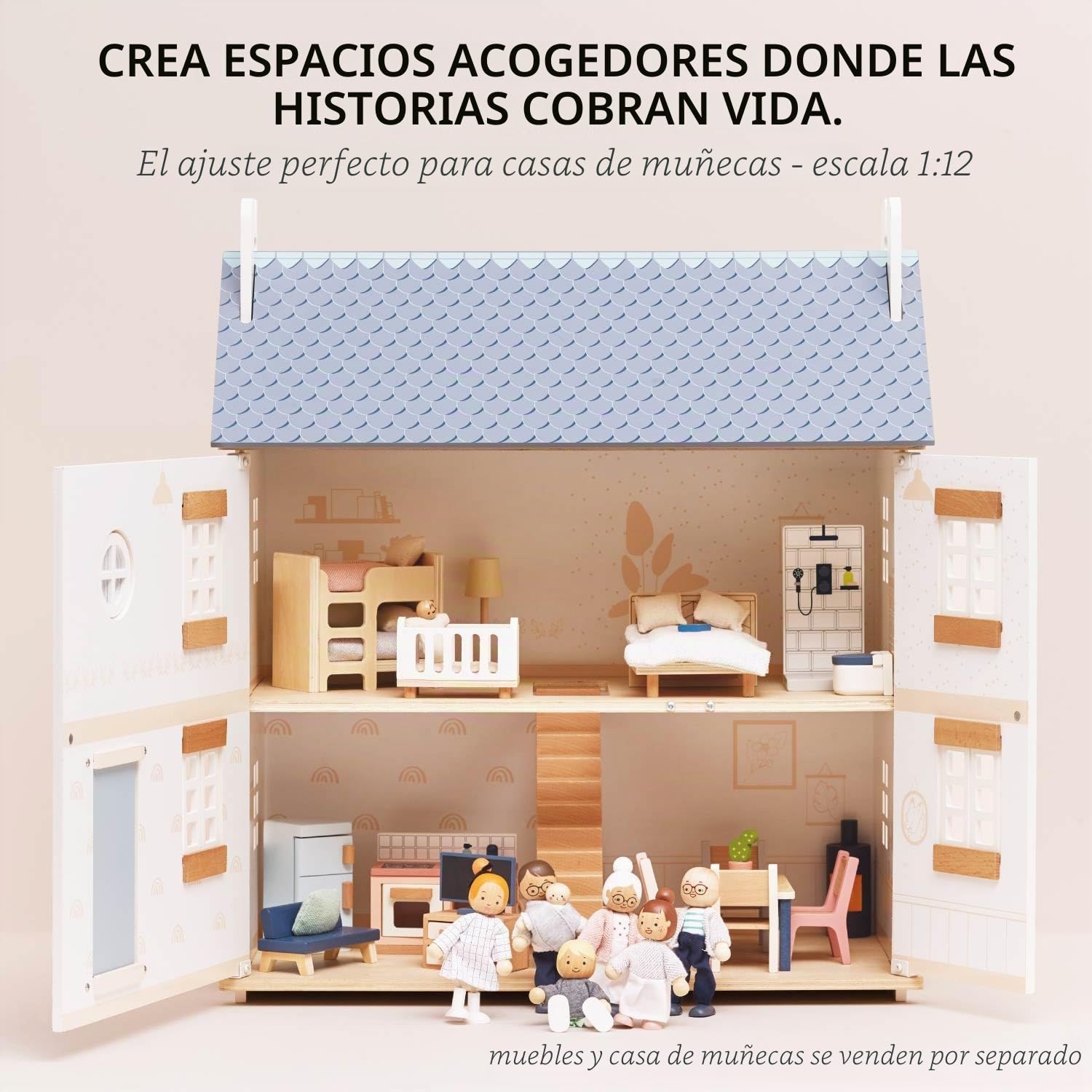 Le Toy Van - P053 - Familia para casa de muñecas en Madera certificada FSC, 3 años, Set 7 muñecas, Montessori, Accesorios, Personajes en Miniatura para casa de muñecas