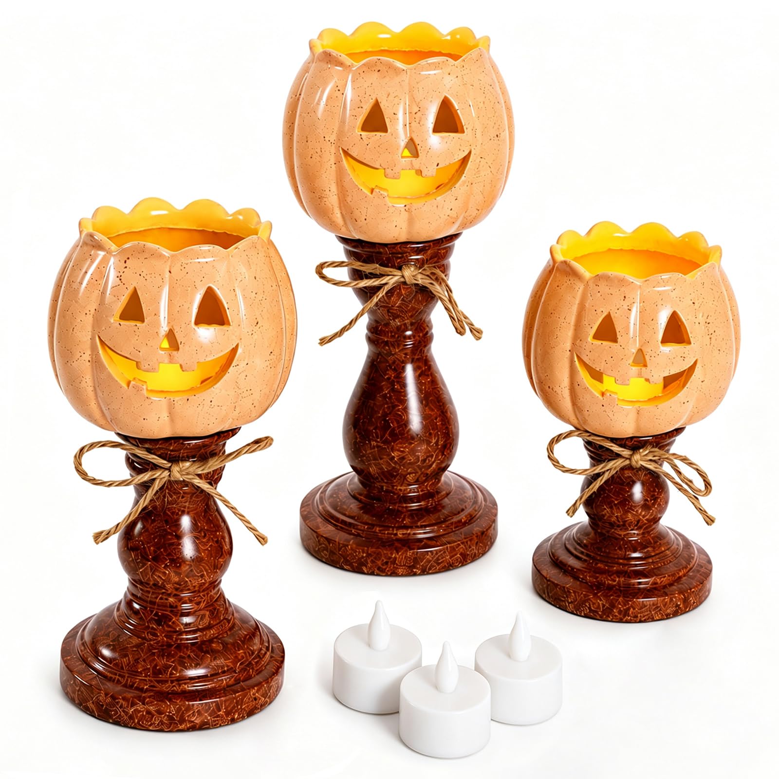 Portavelas Calabaza Halloween 3Pzs, Decoración Otoño y Halloween Rústica