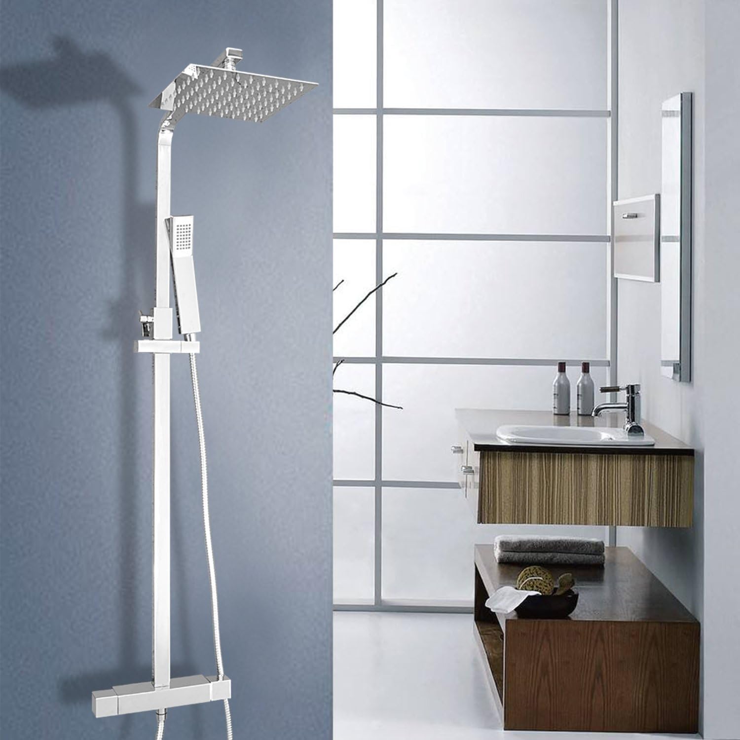 Vesuvio Lofoi Thermostatic Stainless Steel Mixer Shower Set | Modern Ultra Thin 8" Square Rain Shower Head + Hand Held Shower