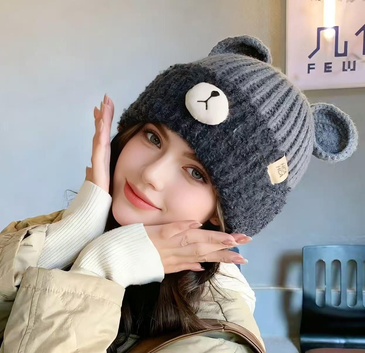 Crochet Beanie Bear Ear Cute Shape Knitted Hats Warm Plush Slouchy Winter Hat Skin-Friendly Fuzzy Animal Skull Cap - Image 3