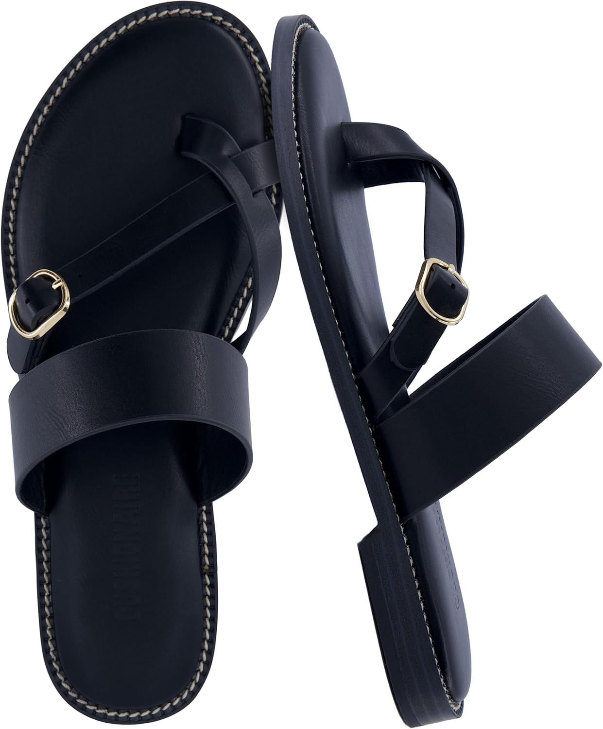 CUSHIONAIRE Laws Womens Sandals, Strappy Vegan Leather Slides for Women with Comfortable Flat Sole and Toe Ring