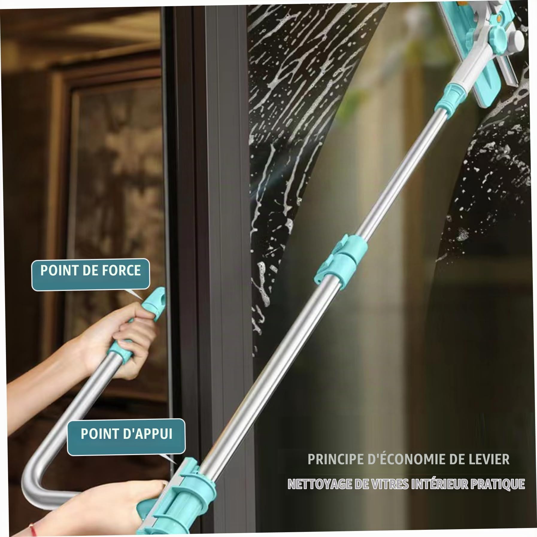 Nettoyeur de vitres extérieur en Forme de U télescopique sûr Double Face nettoyant pour vitres Deux en Un pour Les miroirs Plancher Haut raclette Portes.