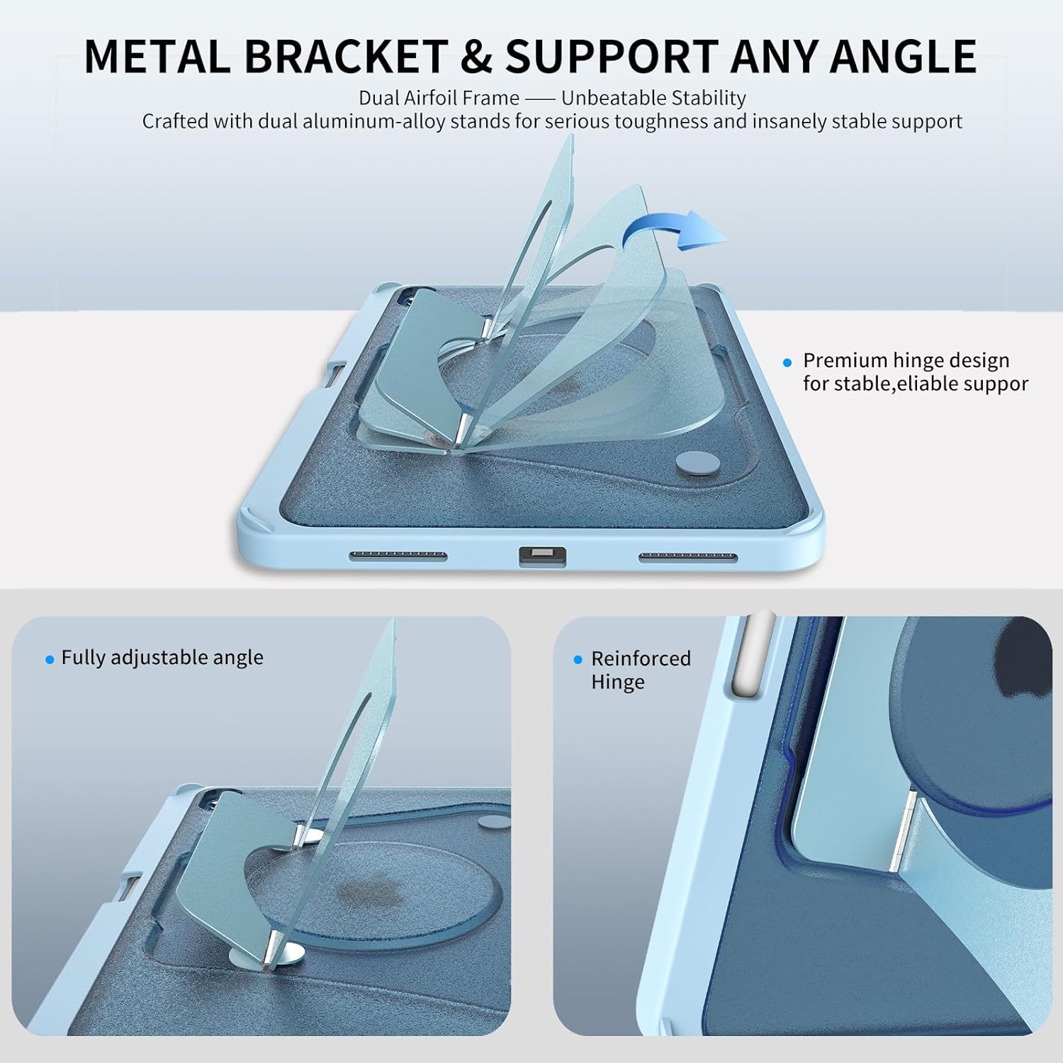 Slim Case for iPad (A16) 11th Generation 11 inch 2025 / iPad 10th Generation 10.9 inch 2022, Metal Bidirectional Rotating Holder, Any Angle Stable Support, Frosted Cover with Pencil Holder (Blue)