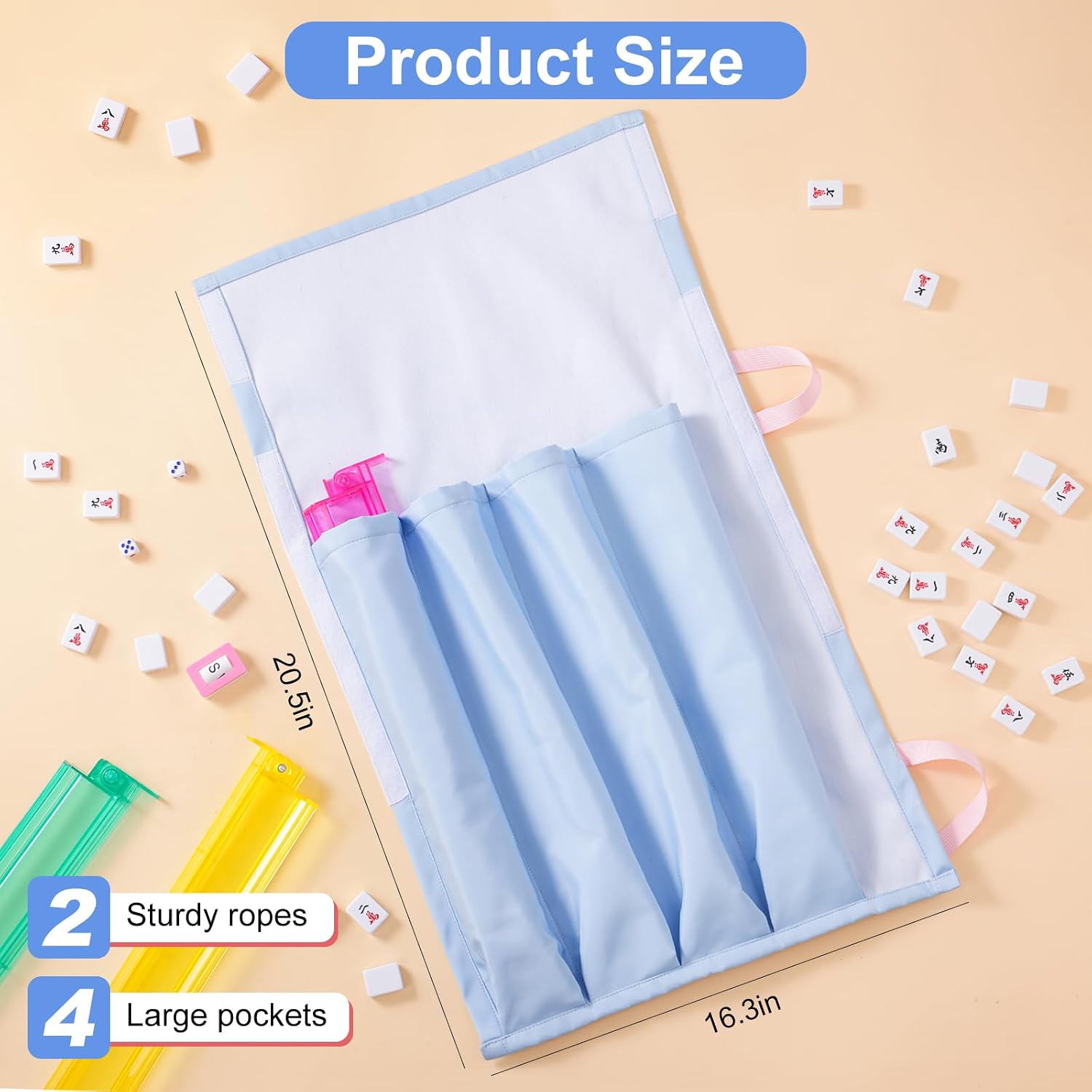 Mahjong Rack Bag - Roll & Go Canvas Sleeve Organizer Fits 4 Racks and Pushers, Travel Mahjong Accessories and Gifts for Club & Game Night, Case Only (Blue)
