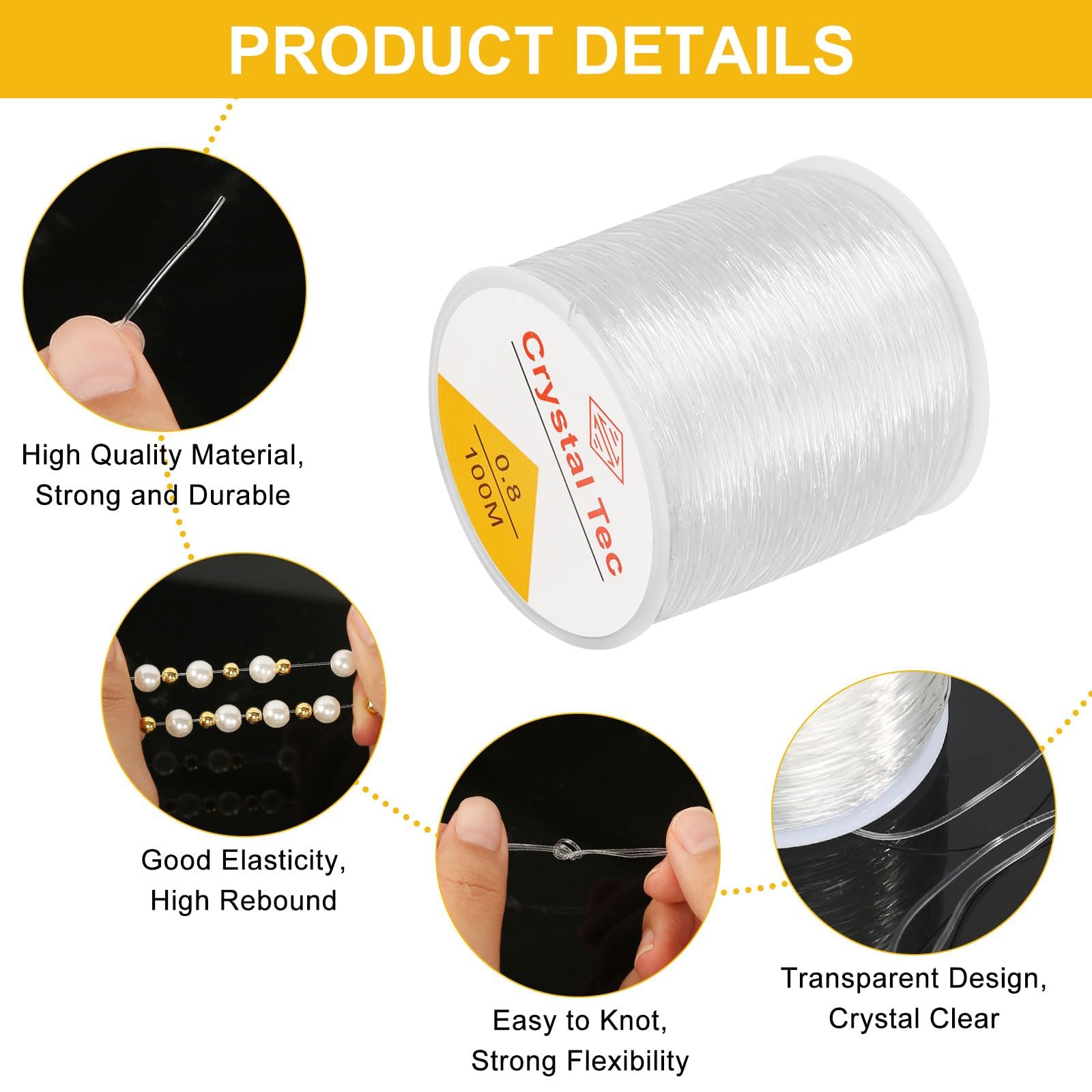 100m Elastico Per Braccialetti 0,8 Mm Trasparente, Filo Nylon Con Aghi, Perline Fai Da Te