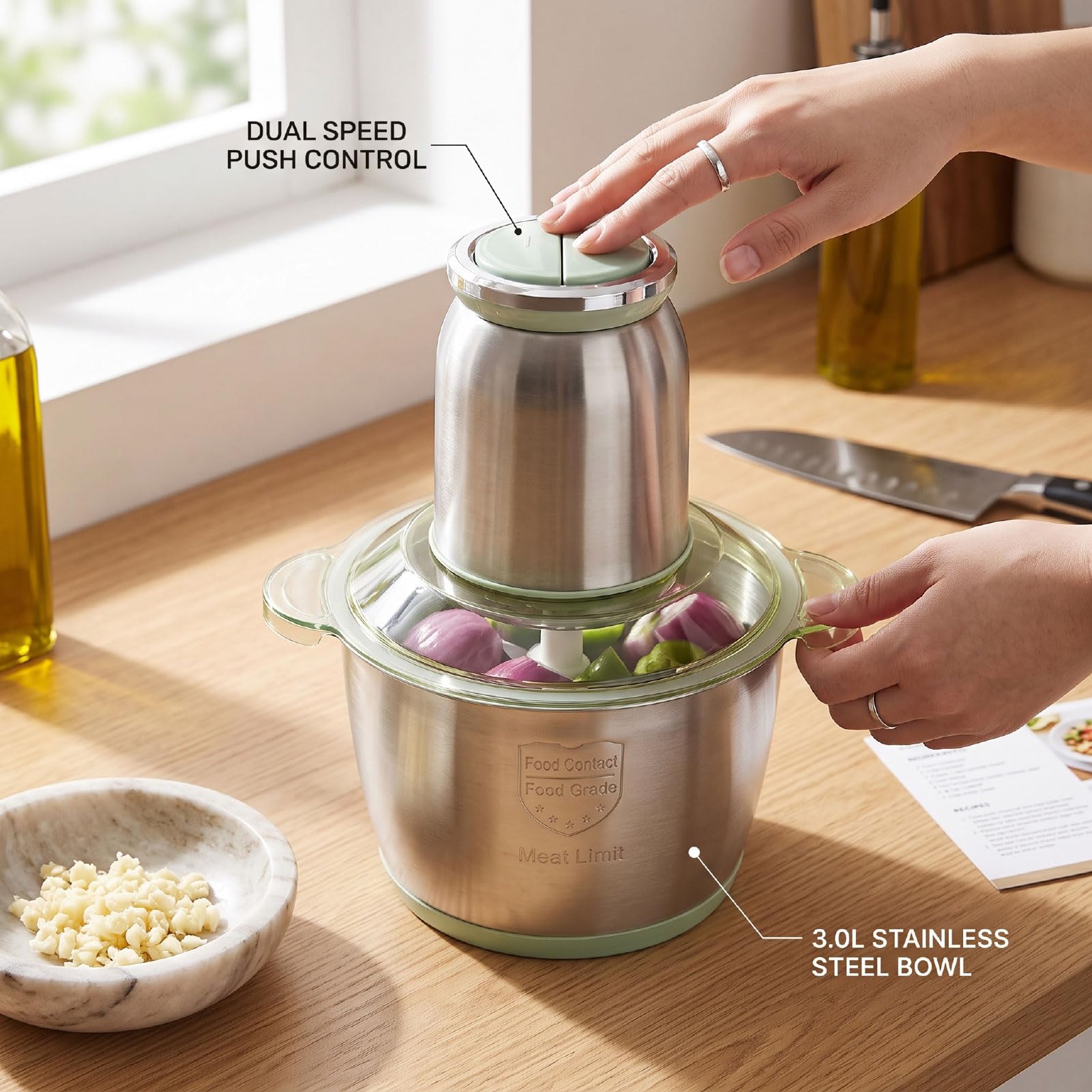 Procesador de Alimentos 3L 400W, Picadora de Carne de Acero | Picado de Calidad Comercial, Ideal para Ajos, Cebollas, Nueces y Verduras, Diseño Compacto y Fácil de Limpiar