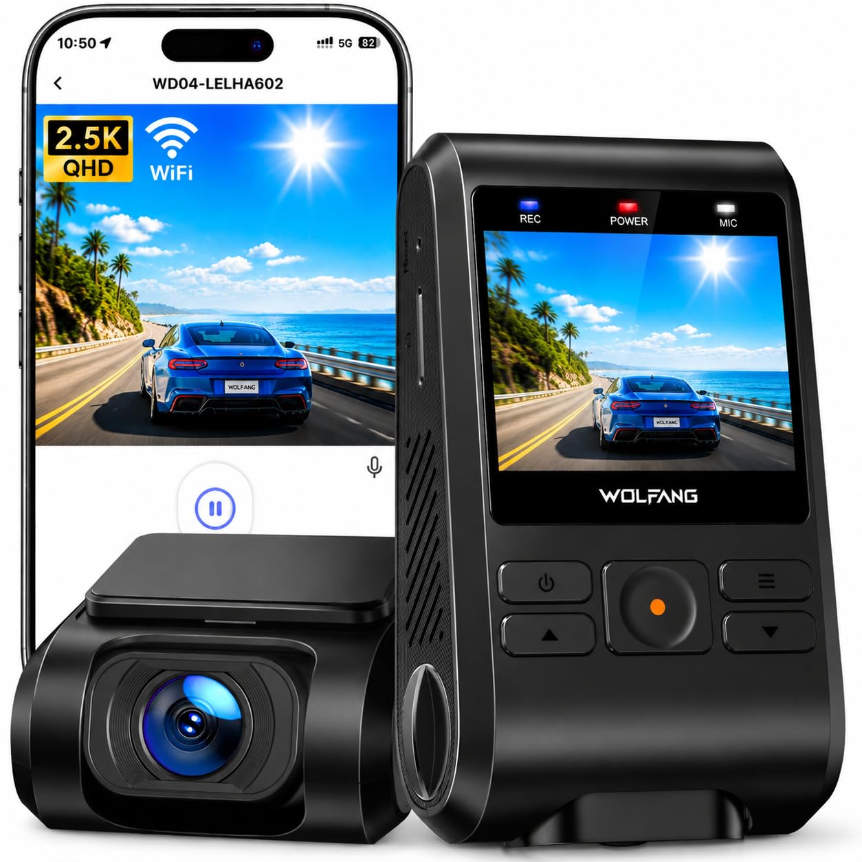 WOLFANG 2.5K Dashcam Voiture, Wi-FI Caméra Voiture, IPS 2" Grand Angle 170°, G-Capteur, Mode Stationnement 24H, Vision Nocturne, Enregistrement en Boucle