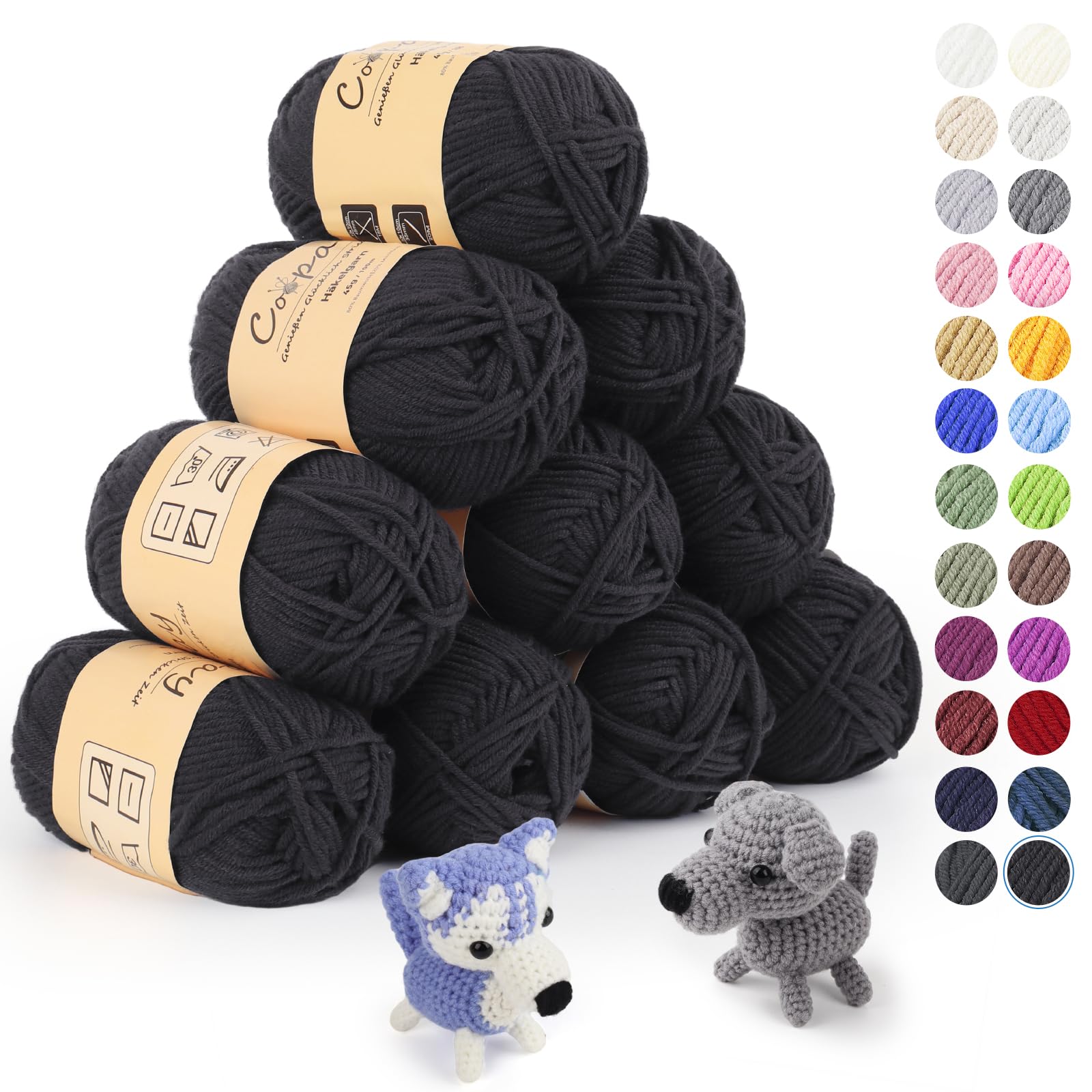 Coopay Wolle zum Häkeln, 450g (10x45g) Weiches Häkelgarn, 5 Faiding Wolle zum Stricken, Babywolle zum Häkeln für Anfänger, Super Weich Häkelgarn Babywolle für Häkel- und Strickprojekt - Schwarz