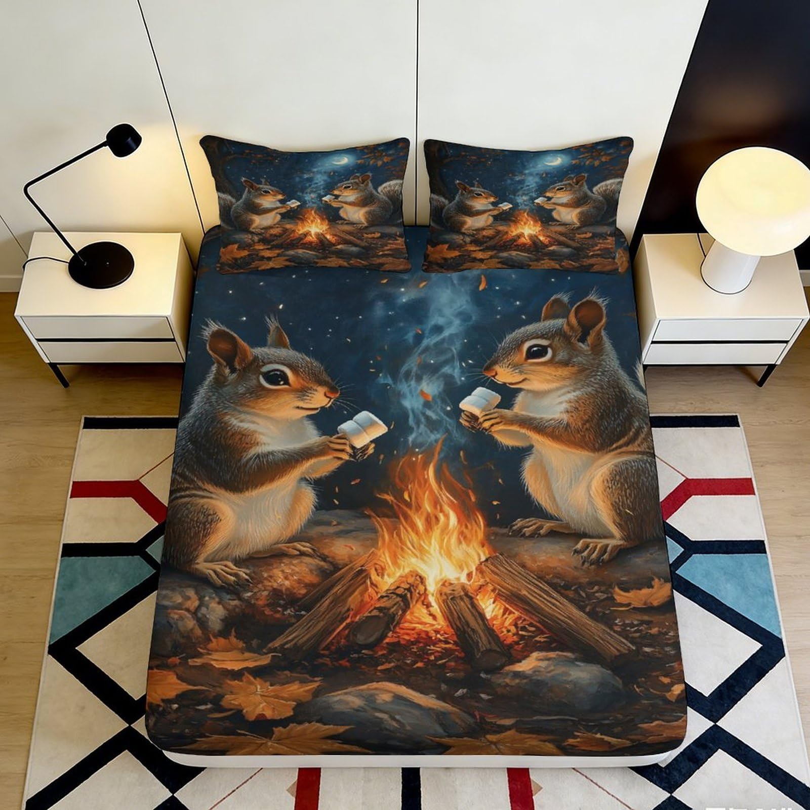 3D Printed Campfire Squirrel Fitted Sheet Microfiber Soft Autumn Forest Bed Cover for Bedroom Dorm Decor 90x200x25cm