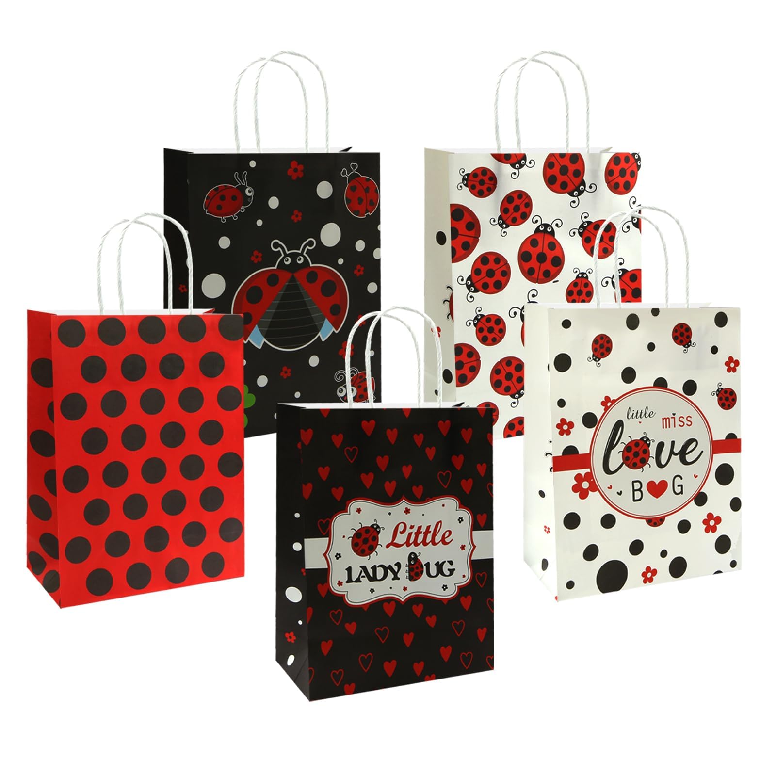 18 Pack Ladybug Paper Gift Bags with Handles,Ladybug Cartoon Candy Treat Bags,8.7 x 6.3 x 3.2 inches,Black & Red Polka Dots Party Supplies for Party Wedding Birthday Baby Shower