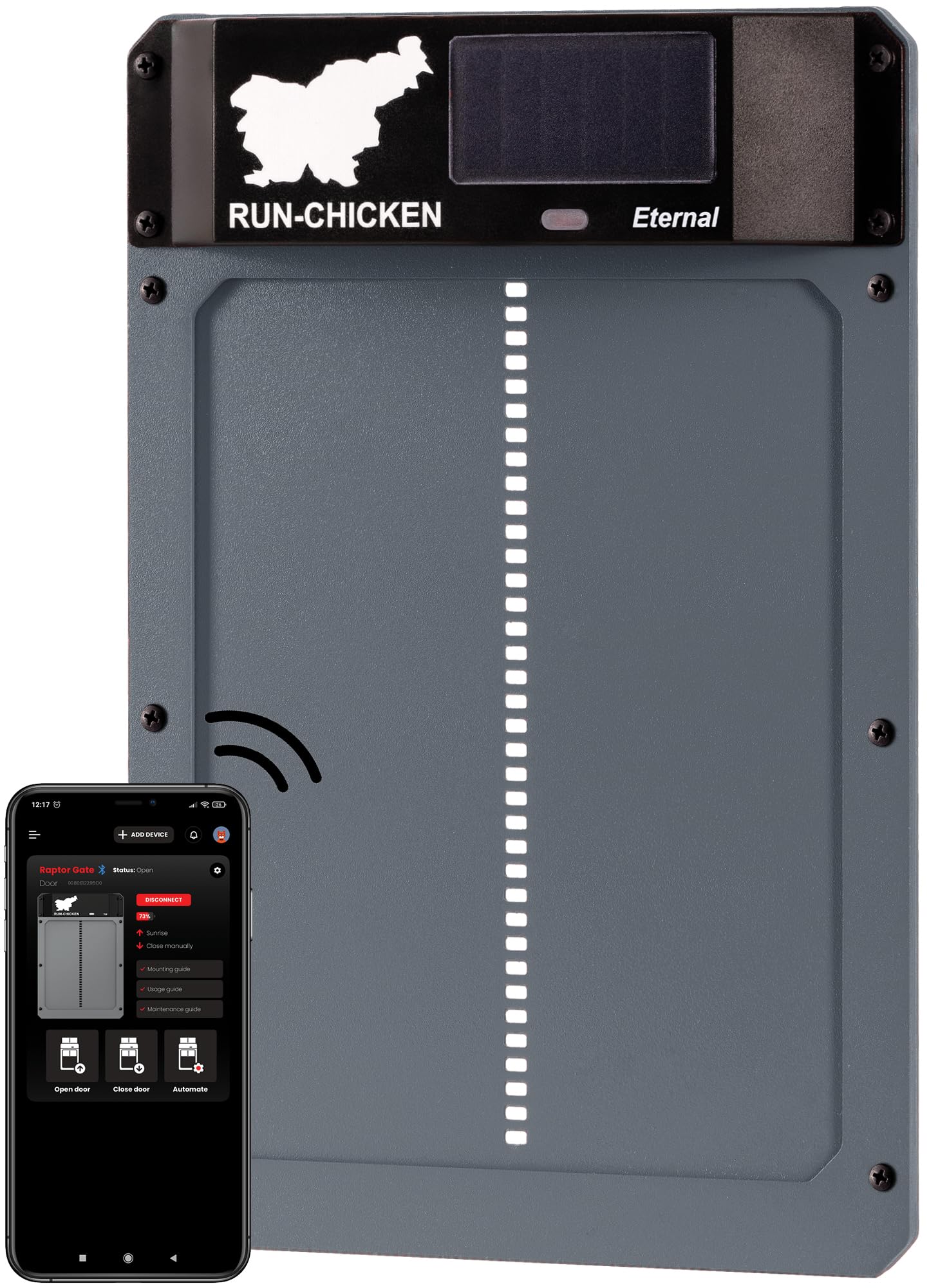 RUN-CHICKEN Porta (grigia) Solar Chicken Coop Door, automatico pollaio elettrico con timer, sensore luce, batteria, energia solare