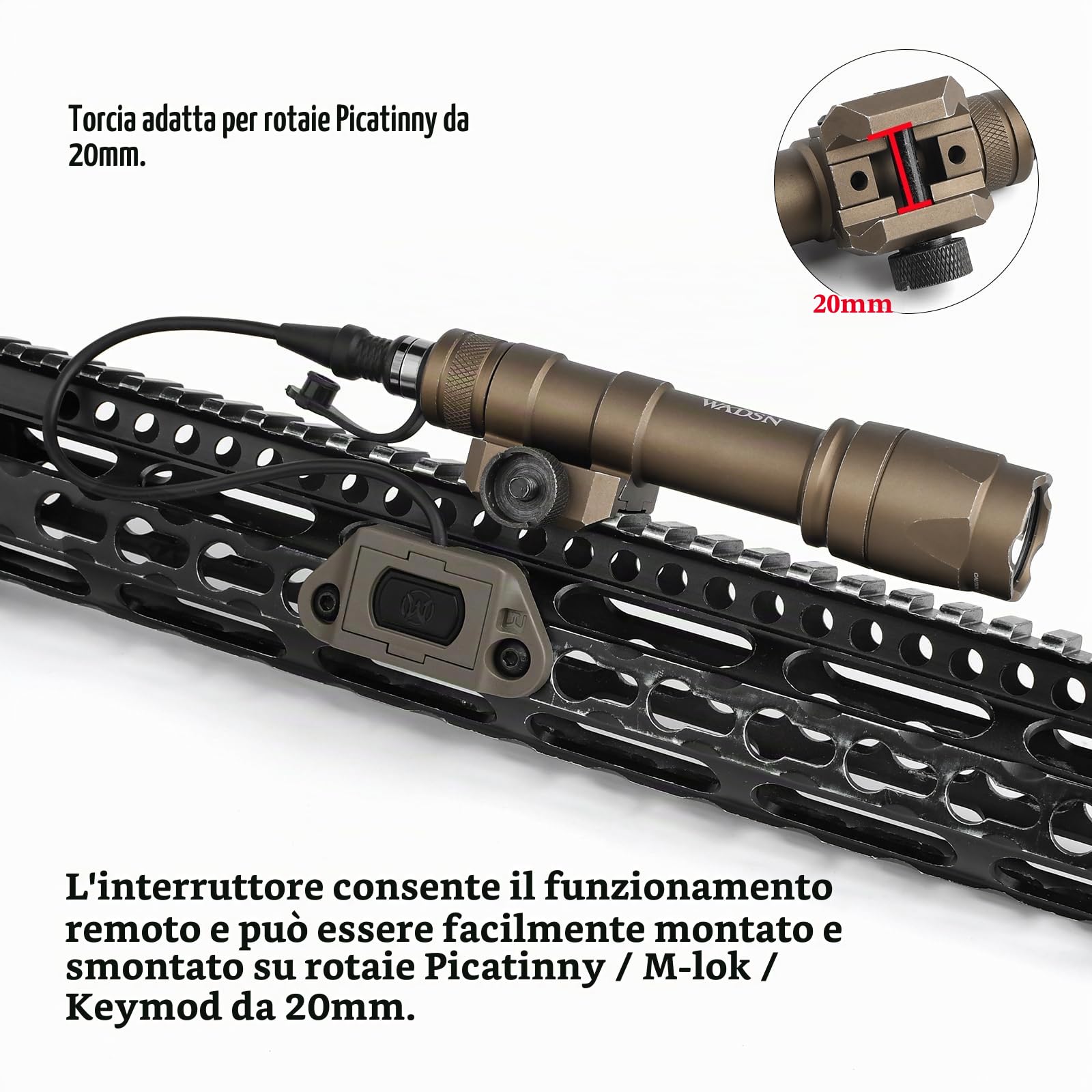 M600C Torcia Lanterna tattica con interruttore a pressione, lanterna da ricognizione a 600 lumen per il sistema ferroviario Mlok Keymod 20 mm Picatinini (Marrone)