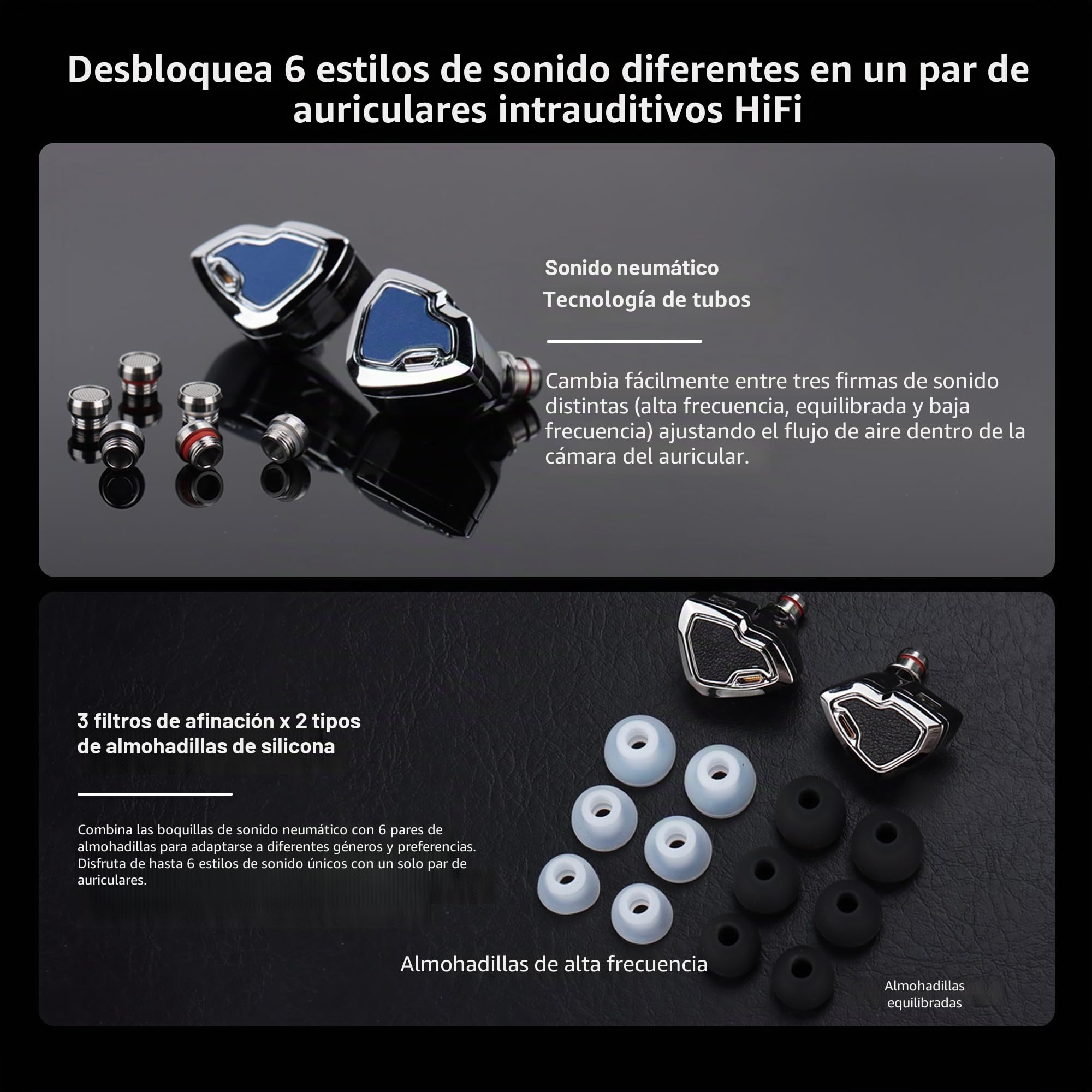 Hidizs MS2 Pro Auriculares In Ear Monitor, 10.2mm Doble Driver Magnético (1DD+1BA) Híbrido, Carcasa Zinc + Cuero Vegano, 6 Estilos de Sonido con Filtros Intercambiables, Cable Desmontable 4.4 mm