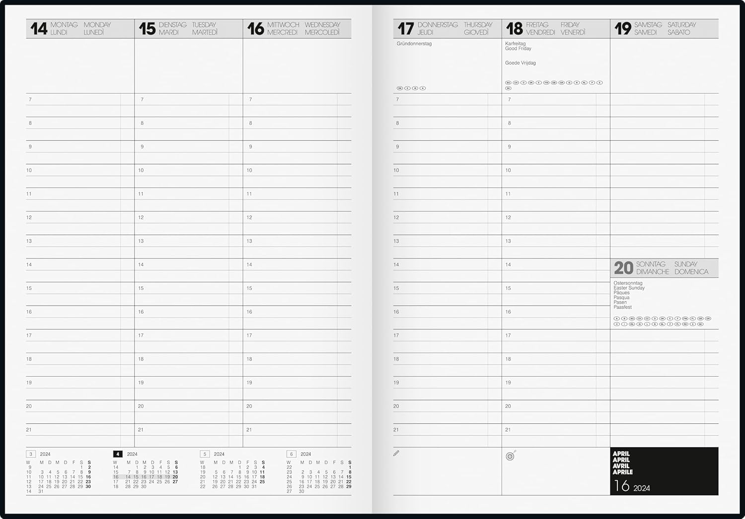 BRUNNEN TimeCenter 724 Weekly Calendar 2024 2 Pages = 1 Week A4 Black