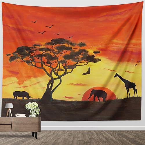 Tapiz de animales pequeños, pintados a mano con diseño de safari africano, elefante, árbol, silueta de árbol, tapices de tela para colgar en la