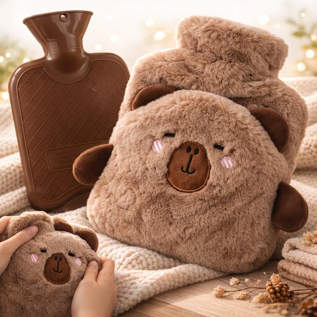 Hot Water Bottle with Cute Cartoon Plush Cover & Hand Warmer Pocket 1L Heating Water Bag for Pain Relief & Period Cramps Leak-Proof Hot & Cold Compress Pack for Back, Muscle & Menstrual Therapy (Latte Brown - Bear)-image-26