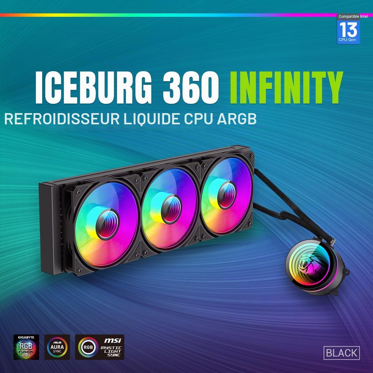 GAMEMAX ICEBURG 360 Infinity BK WaterCooling 360mm ARGB, 300 W TDP, Bloc Infinity rotatif 270°, Protégé contre les fuites (EPDM), 3 ventilateurs PWM silencieux 120 mm, Compatible Intel & AMD, Noir