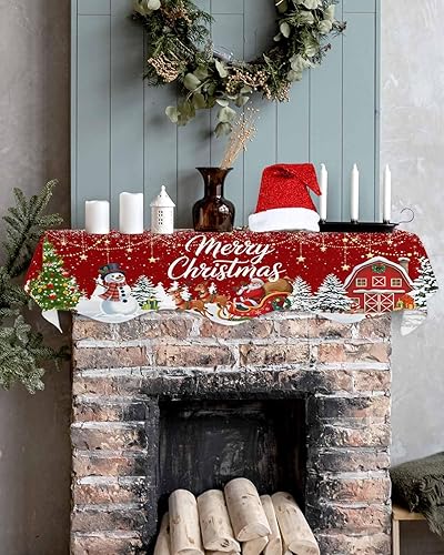 Miniatura 5 de Bufanda de repisa de Navidad de 90 x 17 pulgadas, decoración de chimenea roja de Navidad, cubierta de mantel de invierno, Navidad, muñeco de nieve,