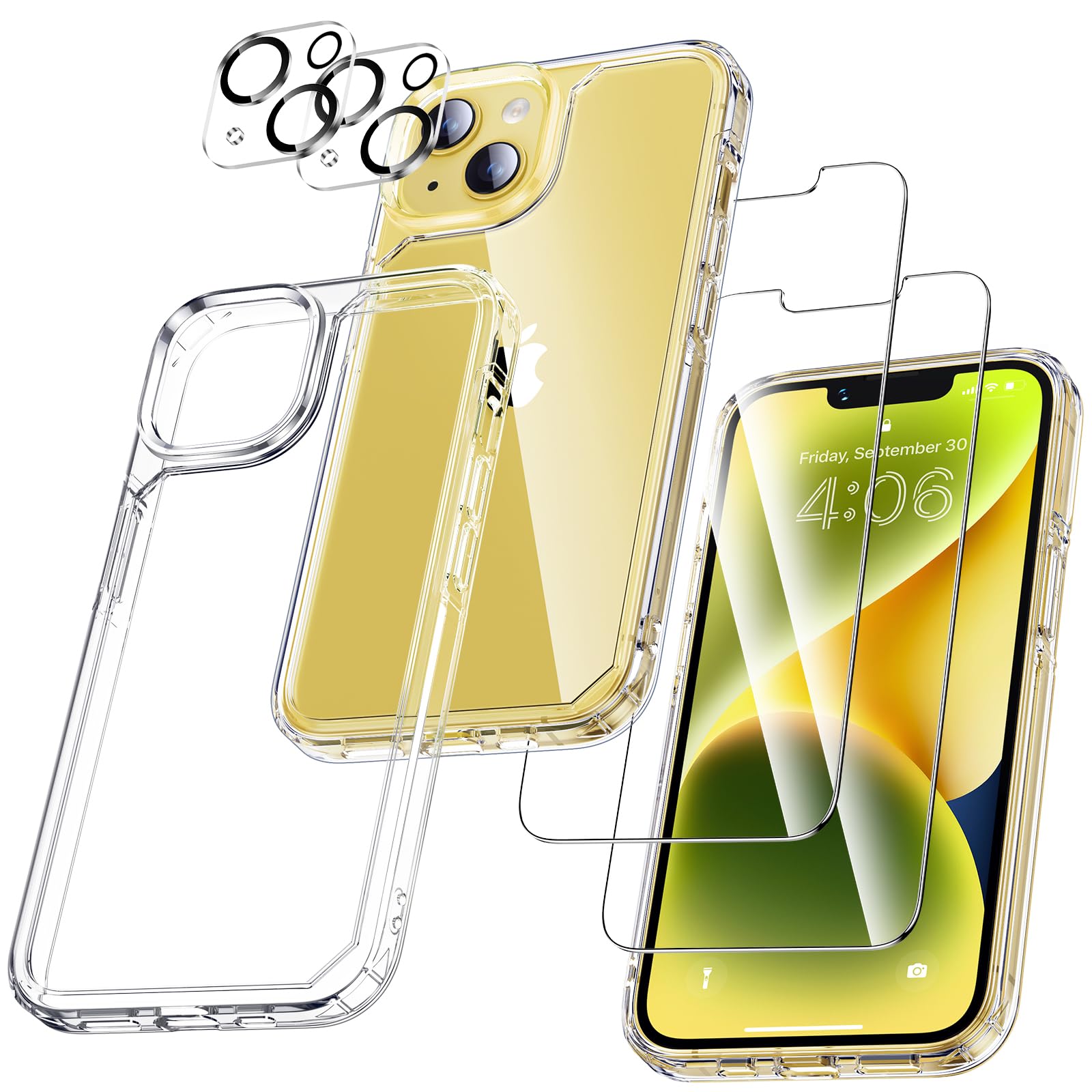 UniqueMe für iPhone 14 Hülle, 5-in-1-Set Handyhülle für iPhone 14 Case Rundumschutz Schutzhülle Cover, 1 Handyhülle & 2 Schutzfolie & 2 Kameraschutz - Transparent