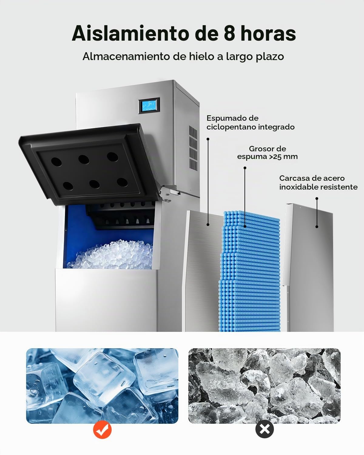VEVOR Máquina de Hielo Comercial 163 kg/24 h, Máquina para Fabricar Hielo con Contenedor de Almacenamiento de 113 kg con Autolimpieza Automática, Pantalla Táctil para Bar, Cafetería, Restaurante