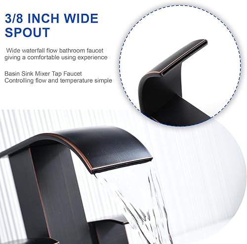 Miniatura 9 de Grifo de cascada de bronce aceitado con tapón de drenaje desplegable y líneas de suministro, grifo de tocador de baño de 4 pulgadas, 2 asas, 2 o 3