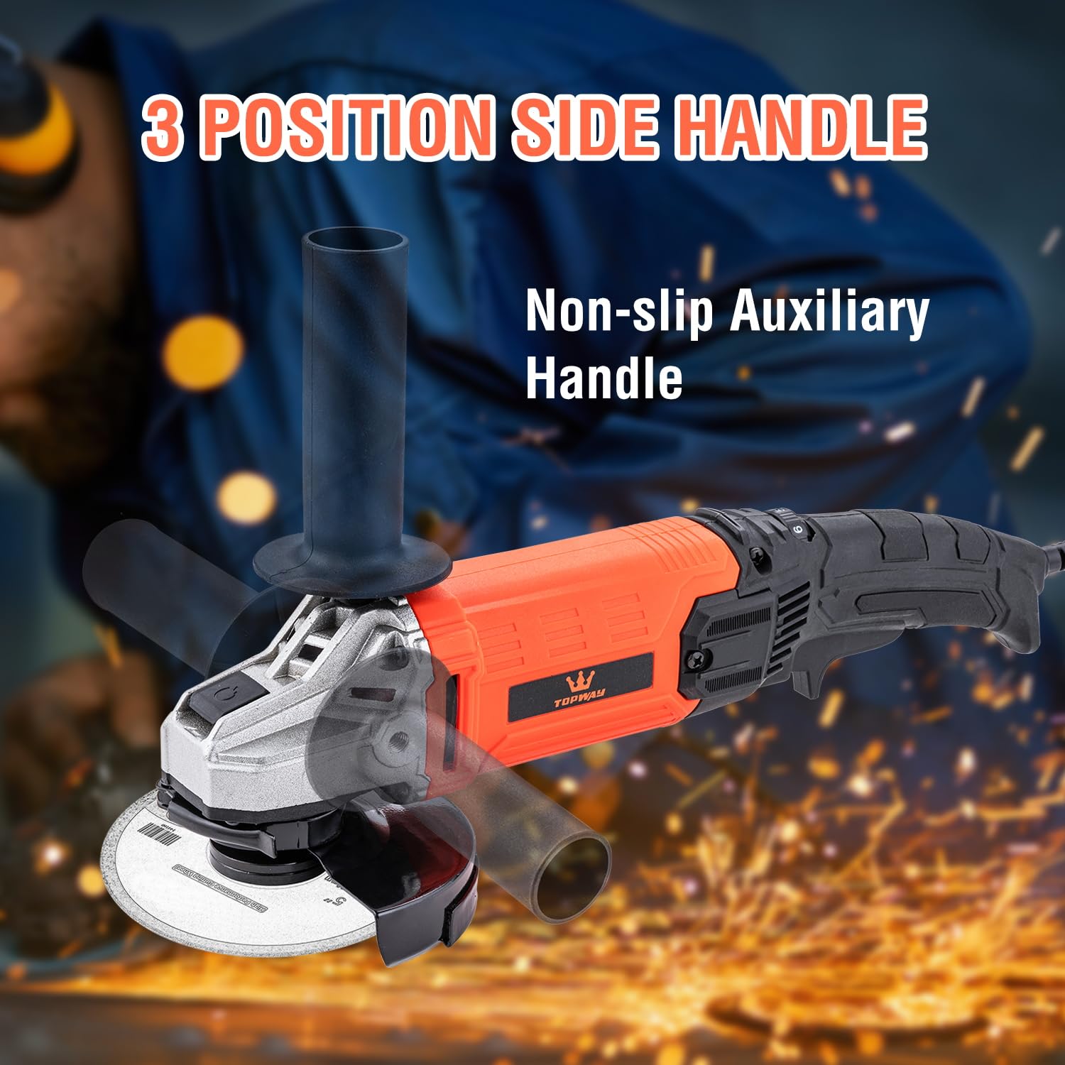 Smerigliatrice angolare con filo TOPWAY 115 mm / 125 mm 1200W, 6 velocità variabili, per fai da te e lavori leggeri, muratura, calcestruzzo, piastrelle, metallo e acciaio (Gamma economica)