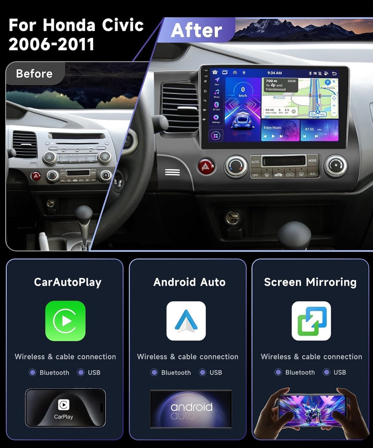 8 Core 6G+128G Car Stereo Radio for Honda Civic 2006-2011 with Wireless CarPlay/Android Auto/9 Inch 1280 * 720P IPS Touchscreen/Bluetooth 5.0/GPS/WiFi/DSP/36 EQ/AHD Backup Camera