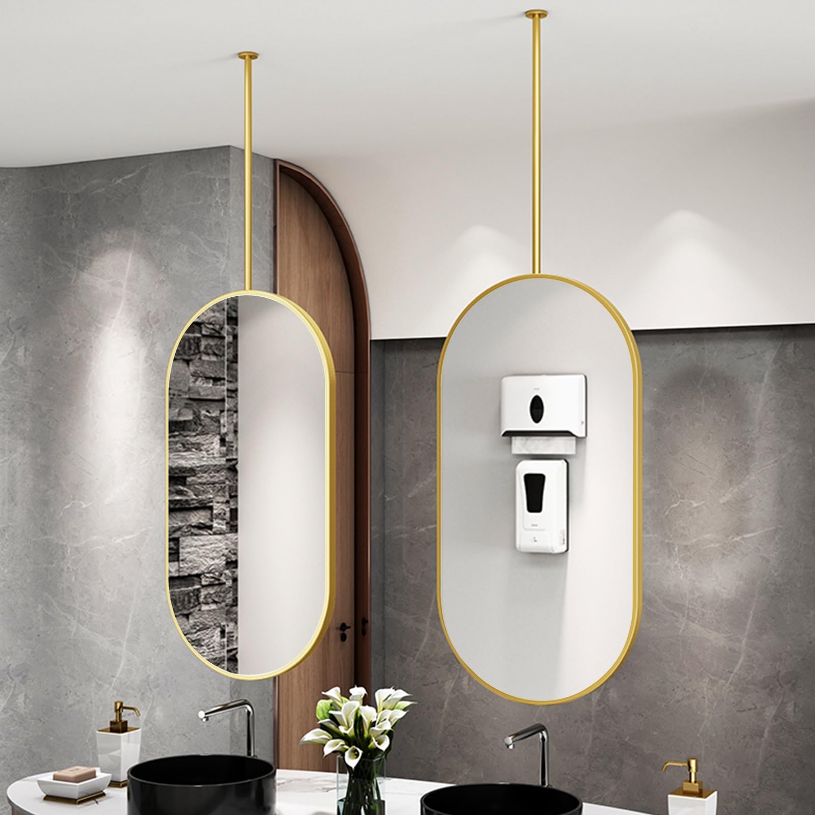 BKSXSOP Oval Mirrors for Bathroom/Gold Ceiling Mounted Mirror, Decorative Simple Wall Vanity Makeup, Mirror with Metal Hanging Rod - Boom Can Be Customizable (Size : 40cmx70cm)