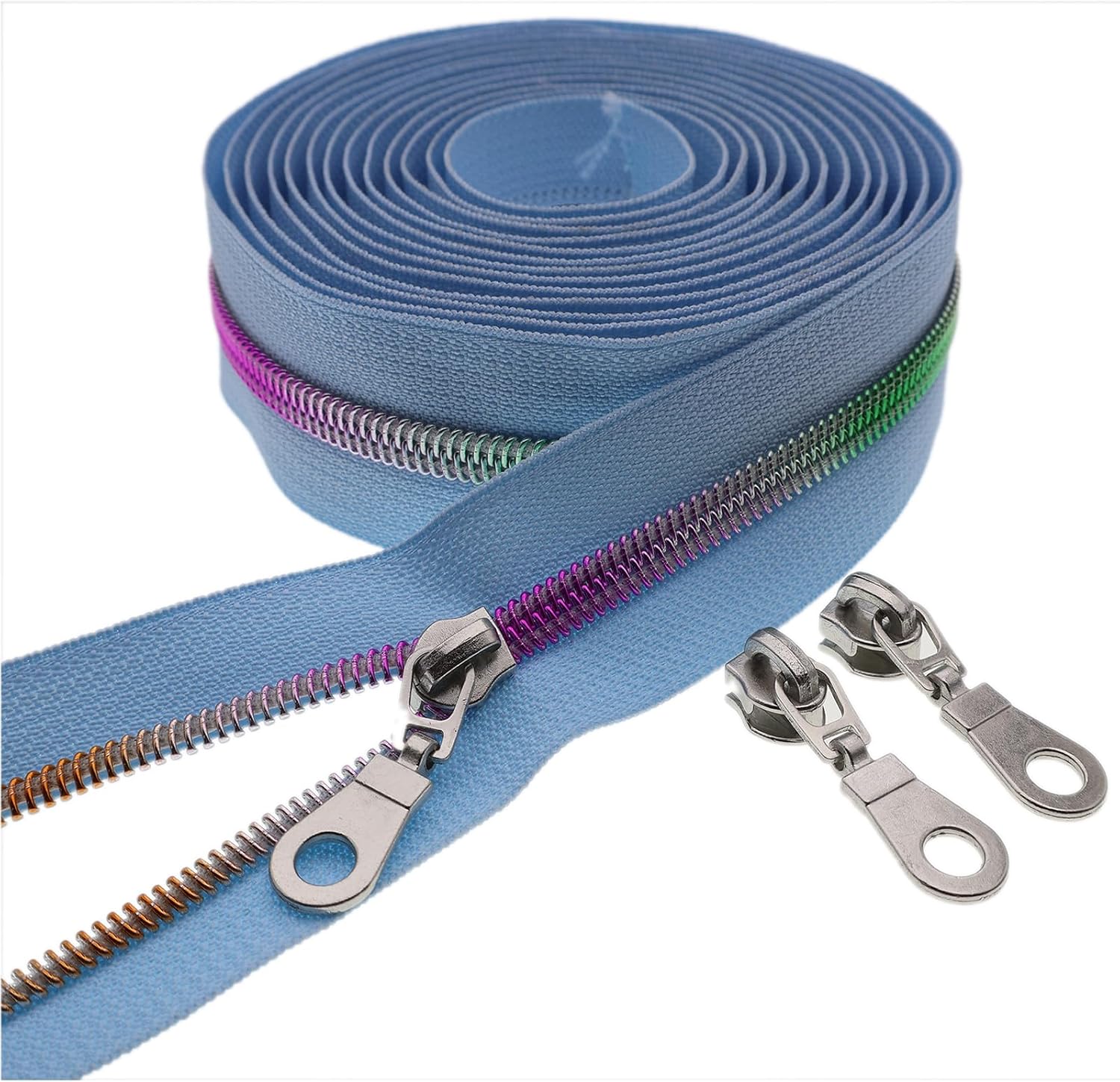 #5 Colorful Metallic Nylon Coil Zipper by Yard,Blue Zipper Tape Bulk 10 Yards with 25pcs Silver Pull for DIY Sewing Craft Bag YIGUANXIN