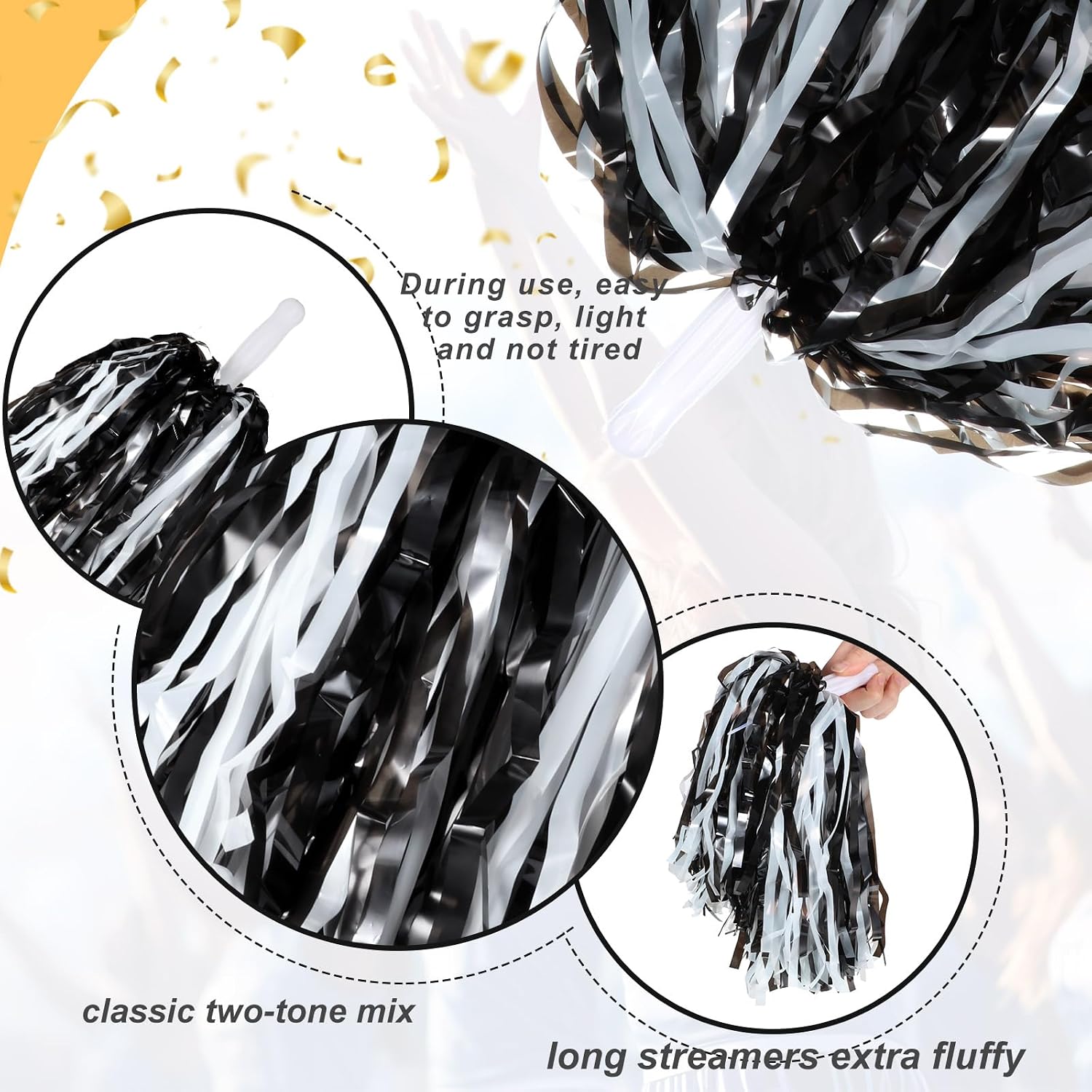 60 Pcs Cheerleading Pom Poms Cheering Pompoms Bulk Cheer Metallic Foil Pom with Baton Handle Plastic Poms Squad for Game Team Spirit Sports Dancing Basketball Club