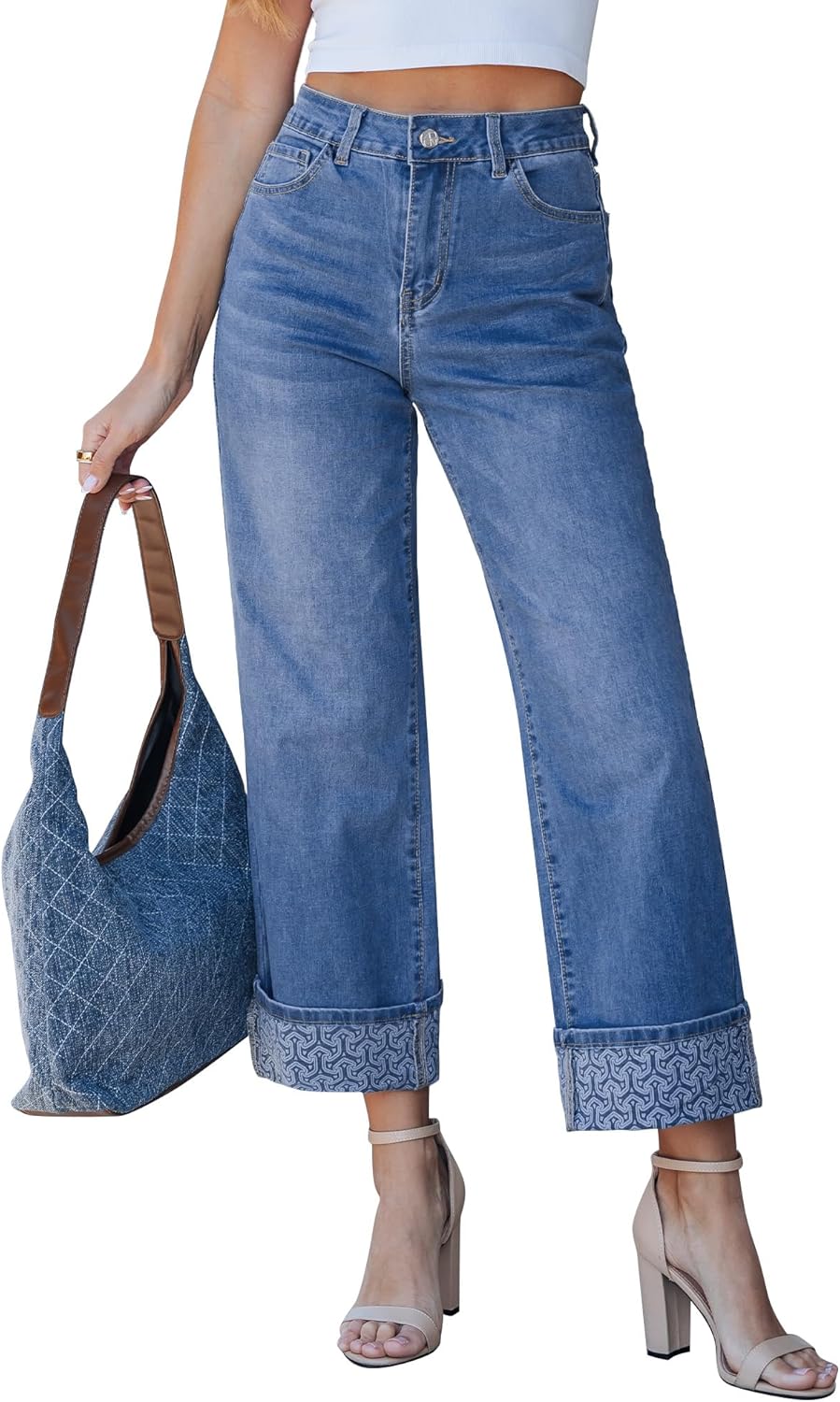 GRAPENT Wide Leg Jeans for Women Trendy Cropped High Waisted Printed Fold Hem Loose Straight Leg Stretchy Denim Pants