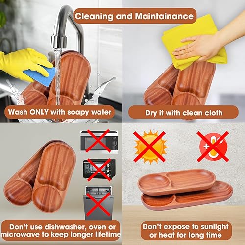 Miniatura 9 de VieWood Bandeja de madera para servir, platos de madera de 2 compartimentos, platos de madera para bebidas, magdalenas, sushi, comida y decoración