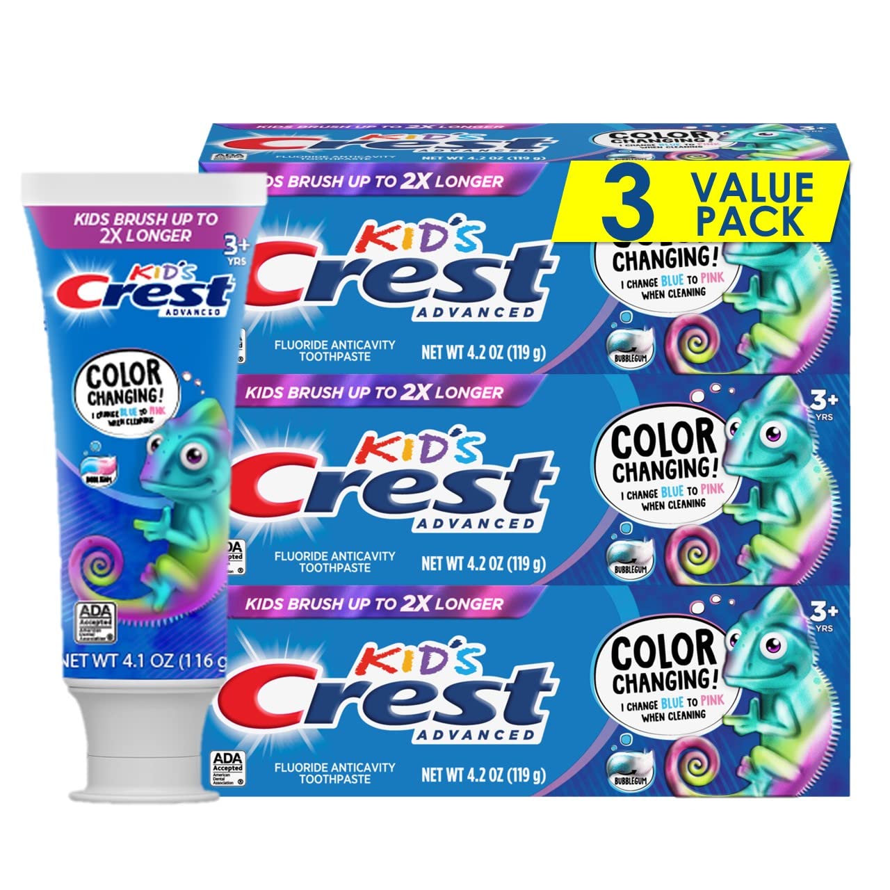 Crest Advanced Kids Fluoride Toothpaste Bubblegum Flavor 4 2 oz 3 Count Color-Changing Anticavity Toothpaste