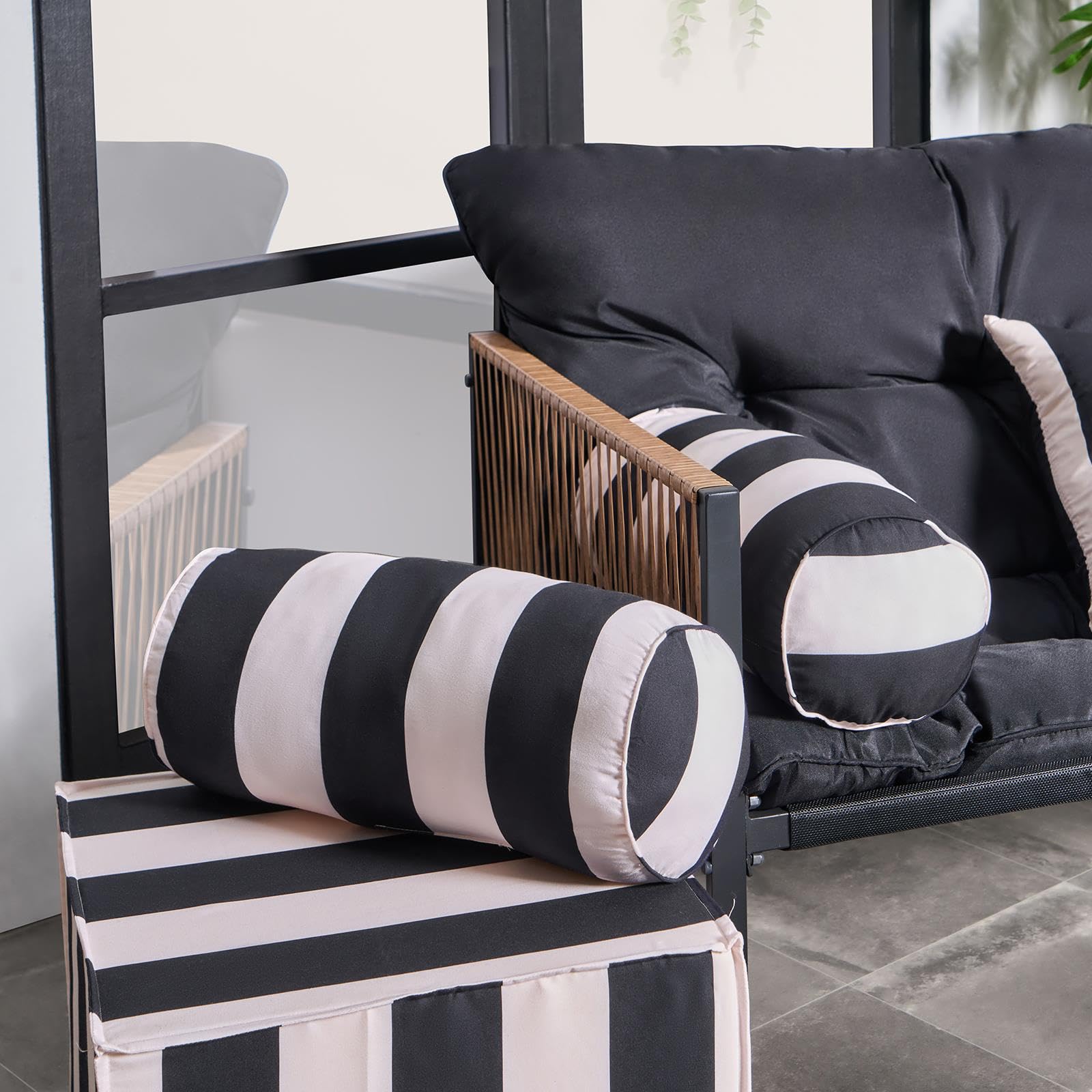 Ohs Black/Cream Stripe Bolster Pillow Garden Furniture Cylinder Pillow, Soft Cosy Neck Roll Pillows For Armrest & Head Support Yoga Bolster Cushion For Sofa Bed Indoor Outdoor Cushions, Monochrome
