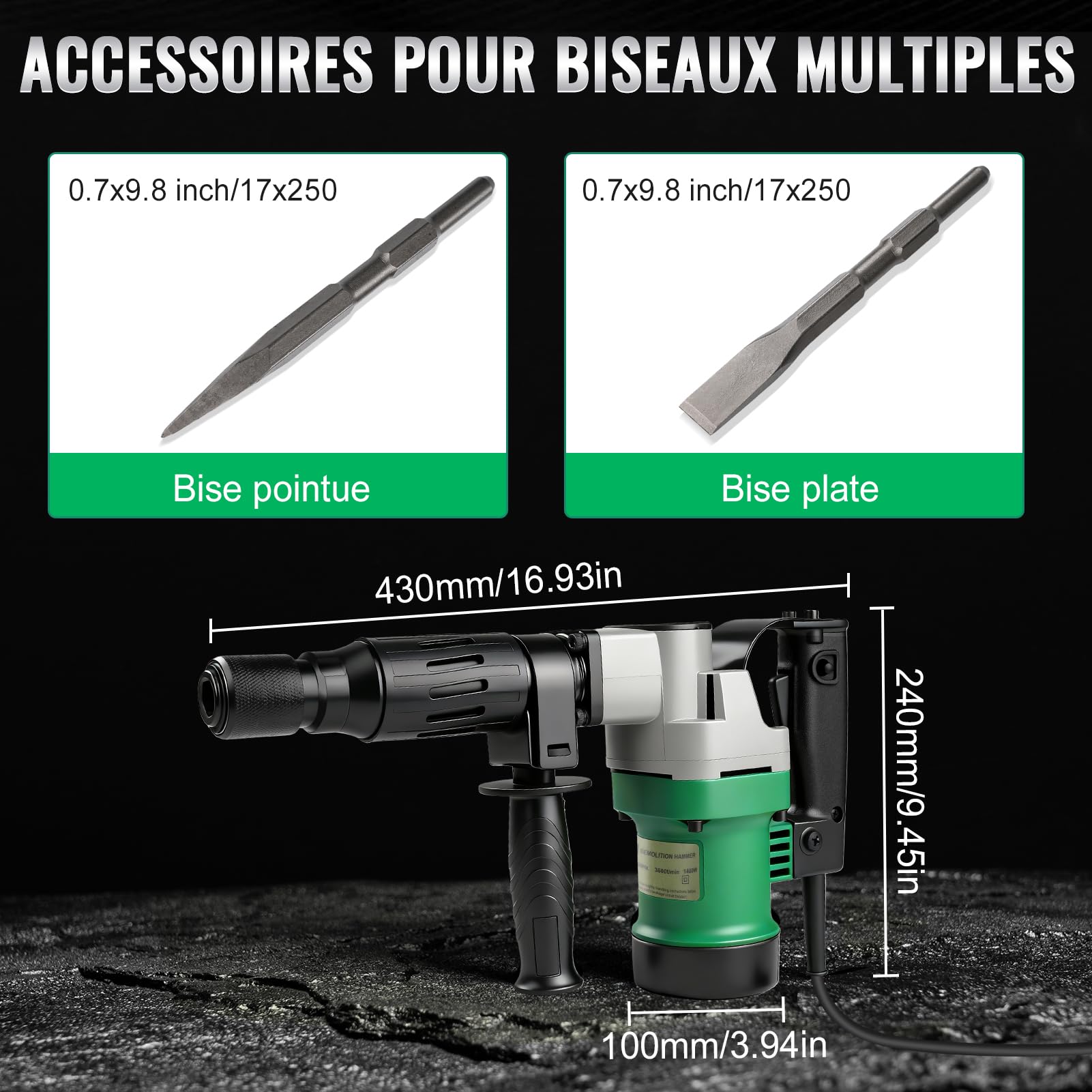Marteau Piqueur, 1400W 30 Joules Marteau Piqueur De DéMolition Marteau Perforateur Burineur Electrique Avec Burin Pointu Et Burin Plat,Anti-Vibration PoignéE Rotative 360° Pour Brise-BéTon