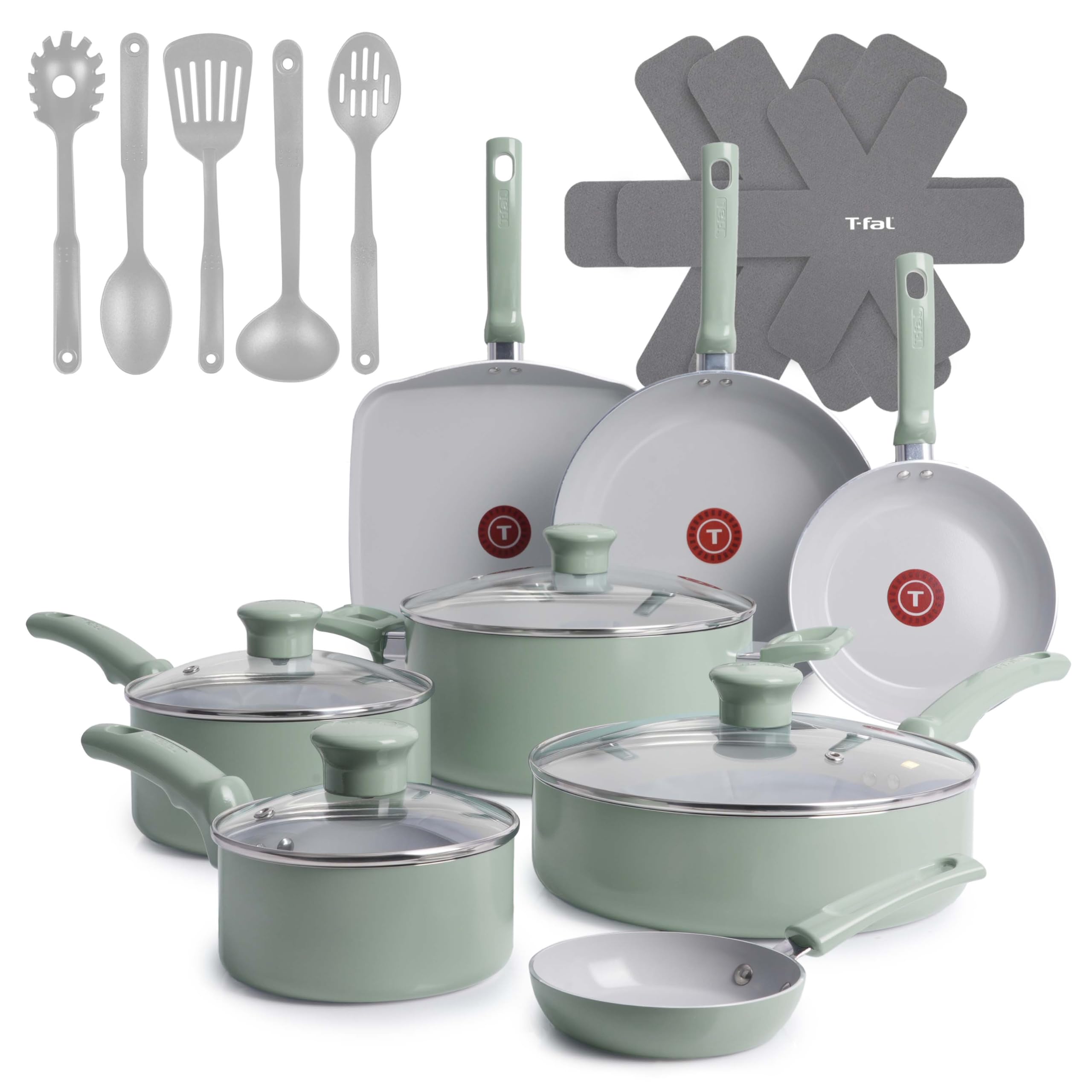 Tefal Refreshing Ceramic Non-stick Cookware Set 20 Piece Oven Broiler Safe 350F Kitchen Set Egg Pan Frying Pan Sauce Pan Griddle Saute Pan Dutch Oven Cookware Pot Pan Mint Green