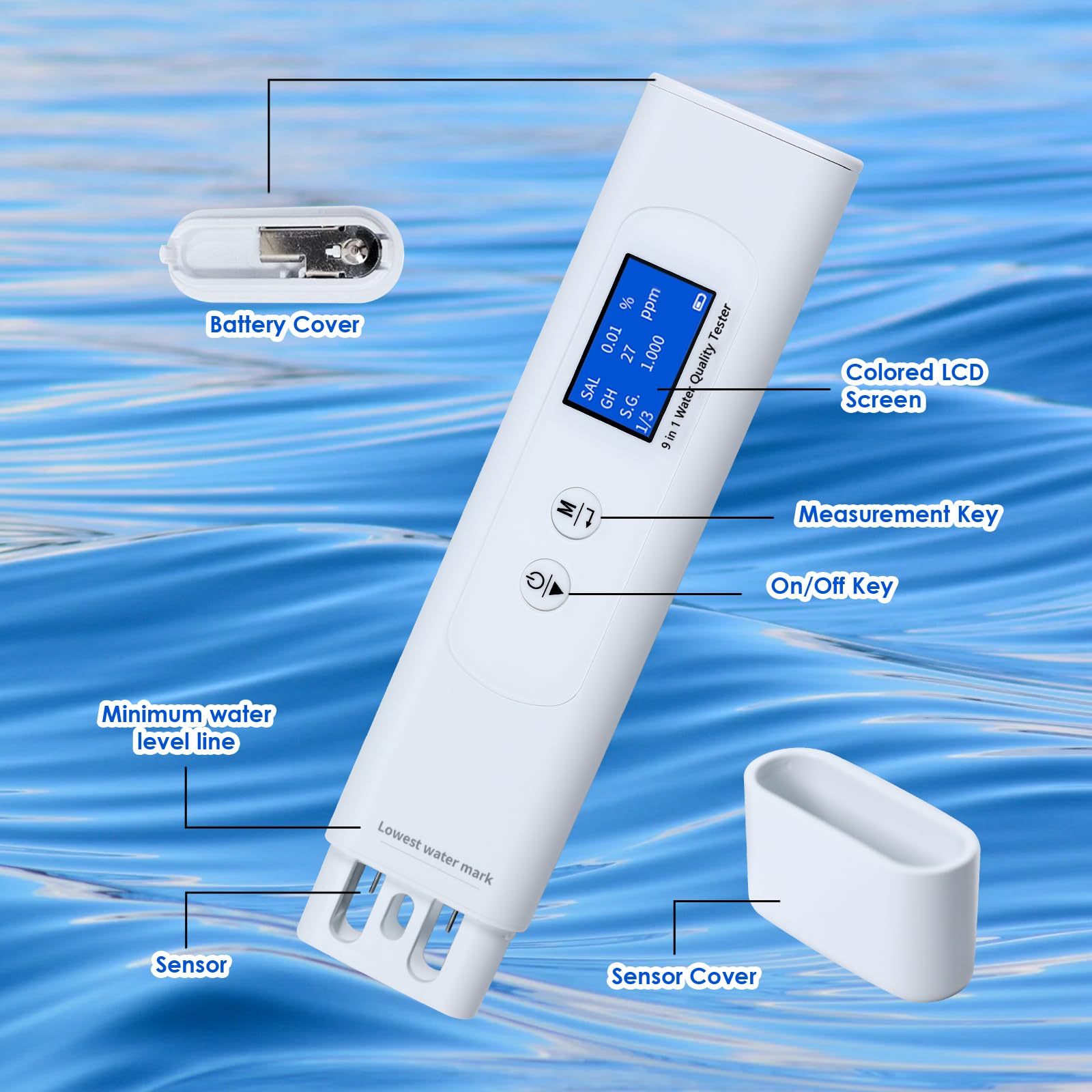 Testeur d'eau 9-en-1 UV, CE/TDS/Salinité/DH/Temp pour COD/TOC/UV275 – Idéal maison, Voyage, Puits, Robinet, Mer, Eau Purifiée, Camping-car