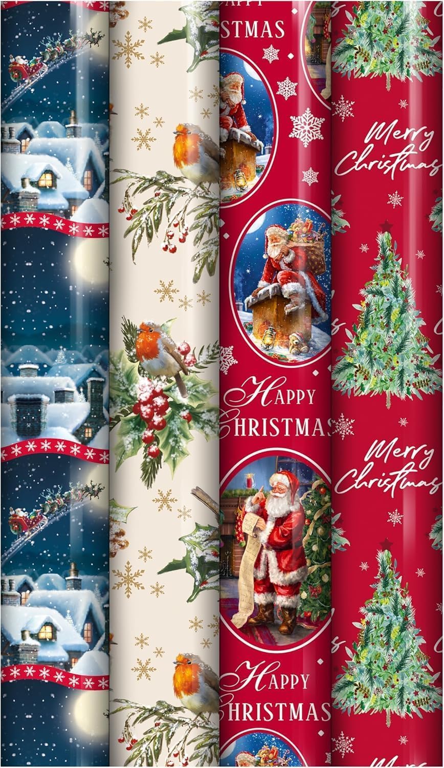 ANGIX 4 x 7M Christmas Wrapping Paper Roll - Traditional Santa Gift Wrapping Paper for Xmas, Festive Season