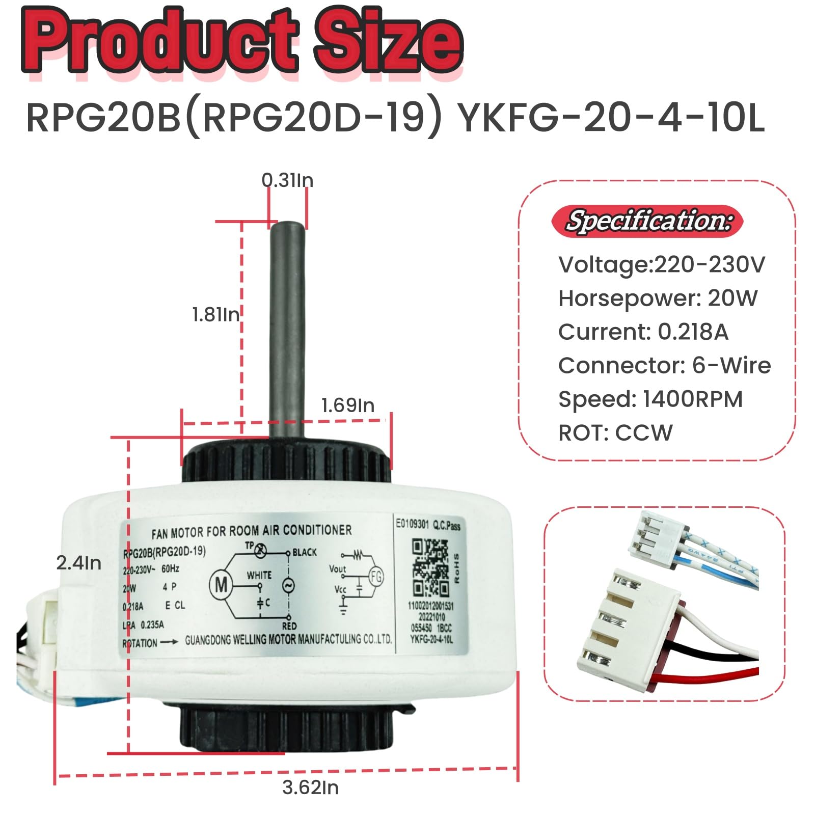 RPG20B (RPG20D-19) YKFG-20-4-10L Klimaanlage Lüftermotor passend für Midea Klimaanlage, 208-230V 60Hz 20W 0,218A Klimaanlage Innen Bürstenloser DC Lüftermotor