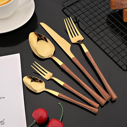 Miniatura 3 de JASHII Juego de cubiertos con mango de madera, juego de cubiertos de acero inoxidable de 20 piezas, pulido con espejo, juego de cucharas y tenedores