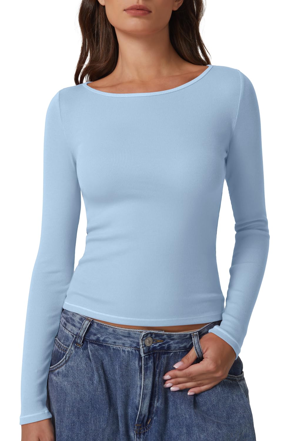 QINSEN Women's Long Sleeve T Shirts Crewneck Tight Fitted Rib Knit Y2k Casual Tee Tops