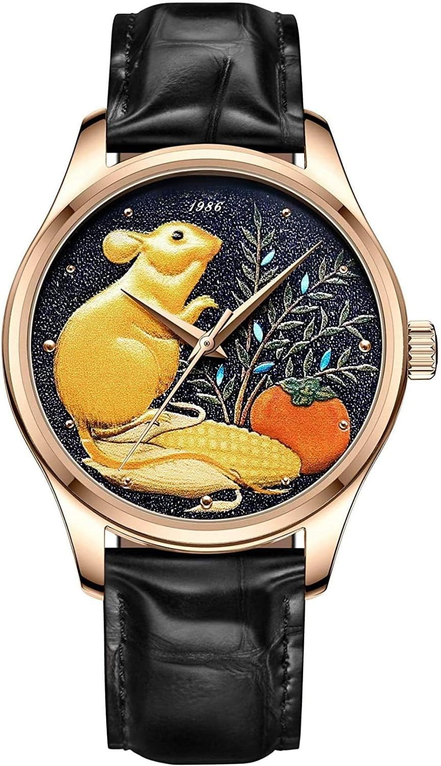 RASIRA Gold Mouse Automatic Sapphire Genuine Leather Watch for Men Gift Box