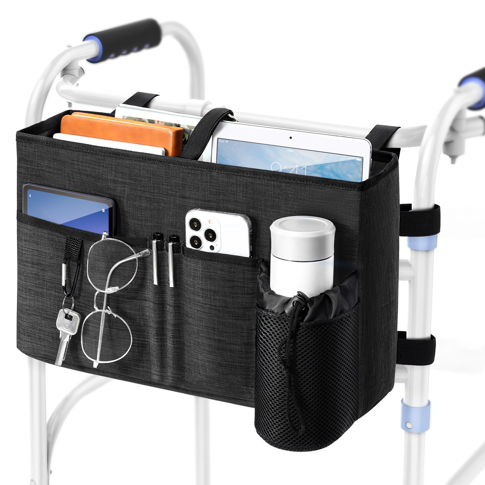 Rhino Valley Bolsa de Andador de Gran Capacidad, Cesta Plegable para Sillas de Ruedas con Múltiples Bolsillos Poliéster Resistente Organizador de Almacenamiento Universal para Personas Mayores, Negro